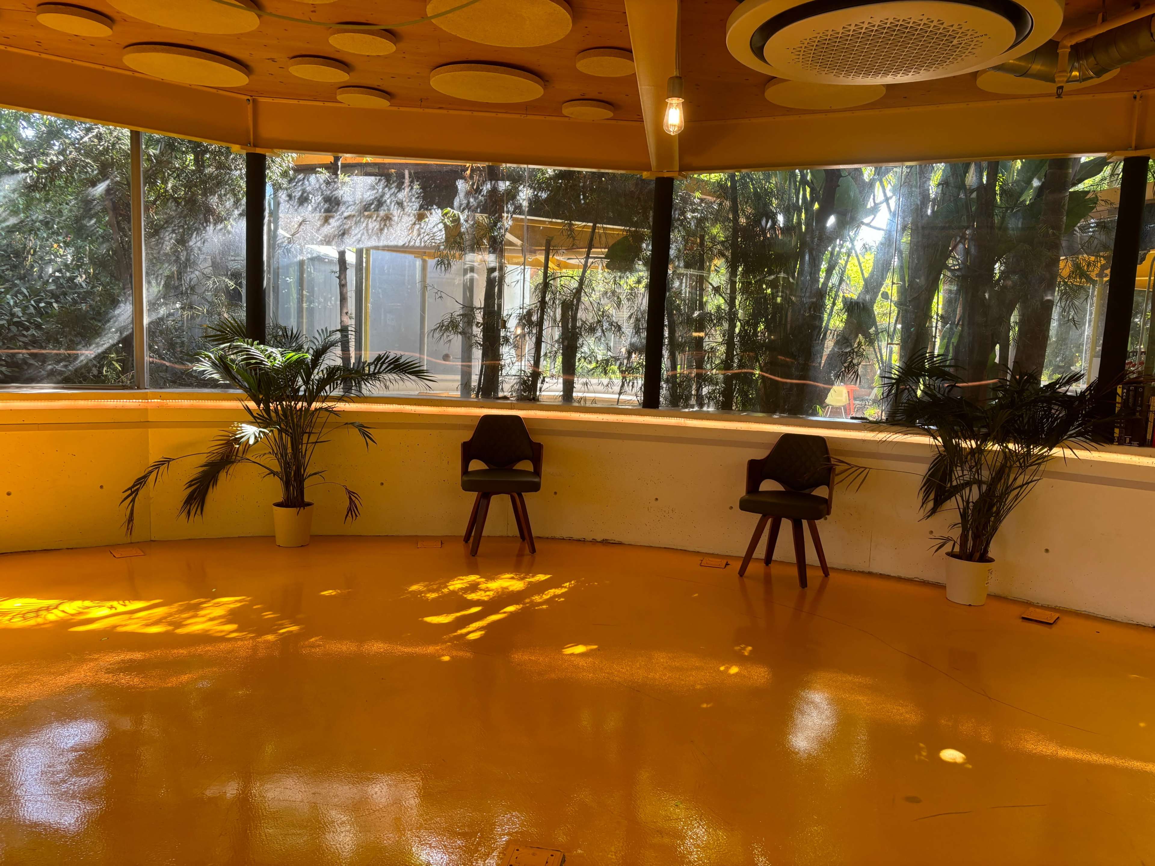 The image shows a brightly lit, circular interior space with two chairs and large windows overlooking a forested area.
