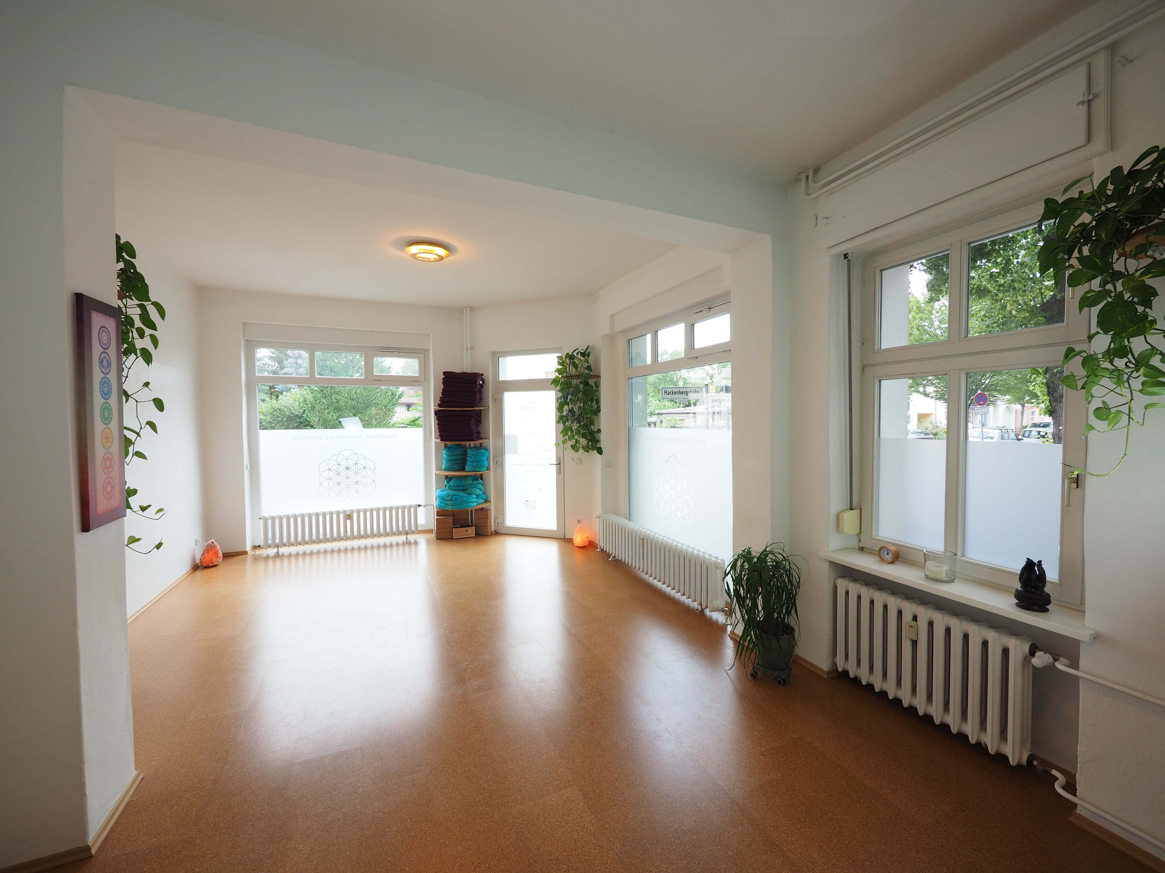 A spacious, well-lit room with large windows, plants along the walls, and a smooth floor.