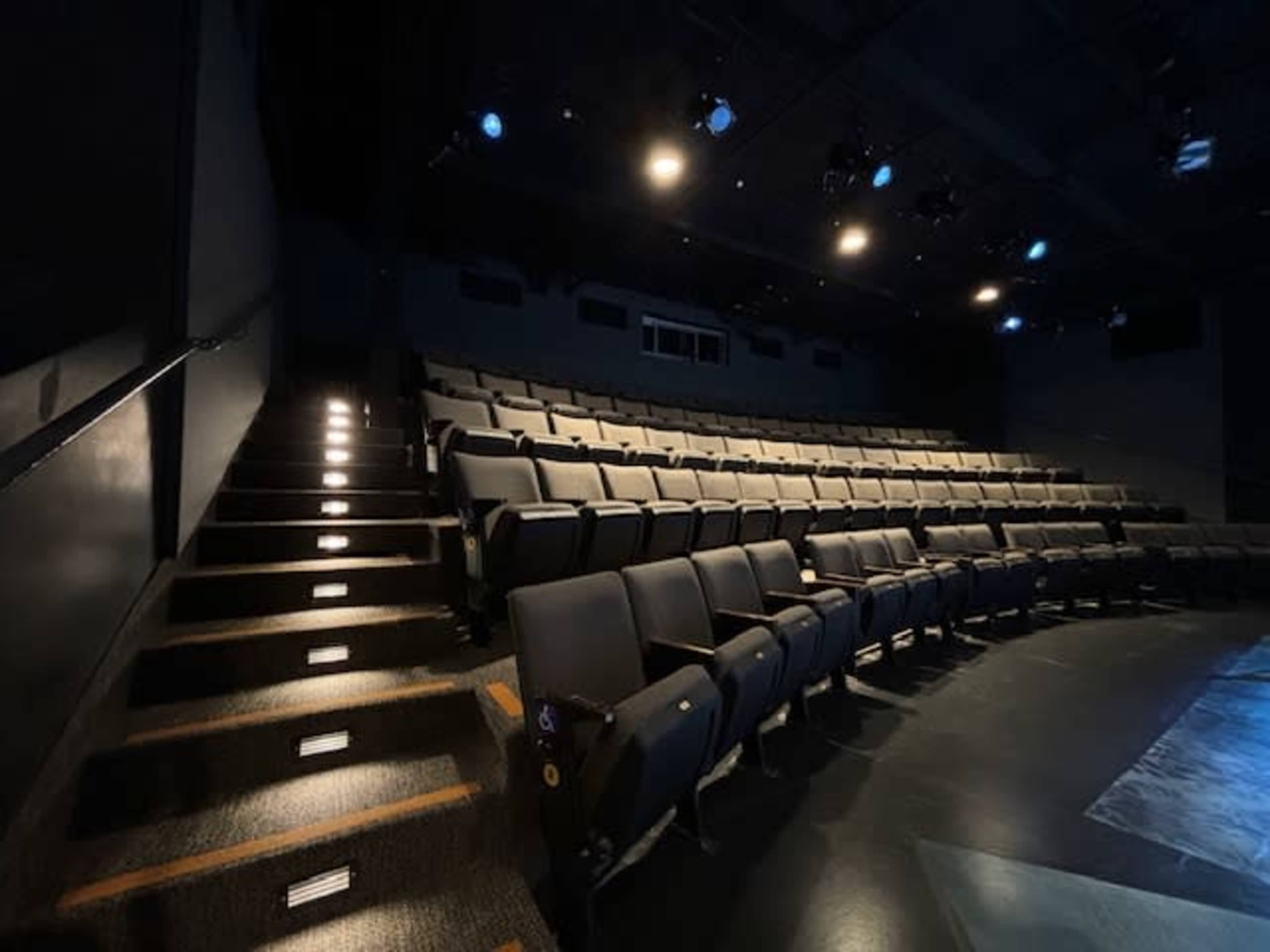 An empty theater with rows of black seats and illuminated steps leading to the upper level.