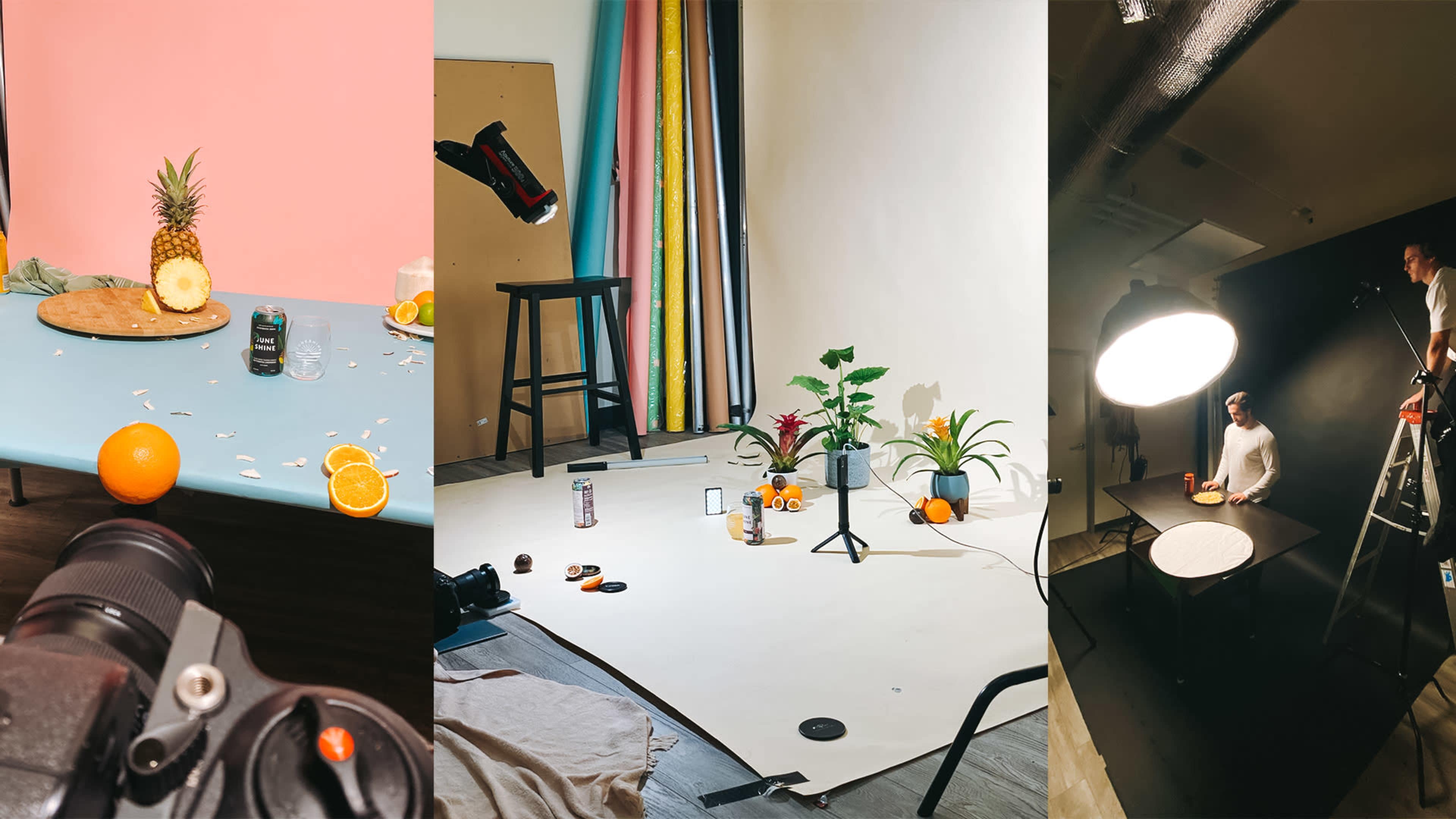 A photography setup featuring three scenes: a colorful table with fruits and drinks, a backdrop with various colored fabric rolls, and a studio area with a person on a ladder adjusting lights.