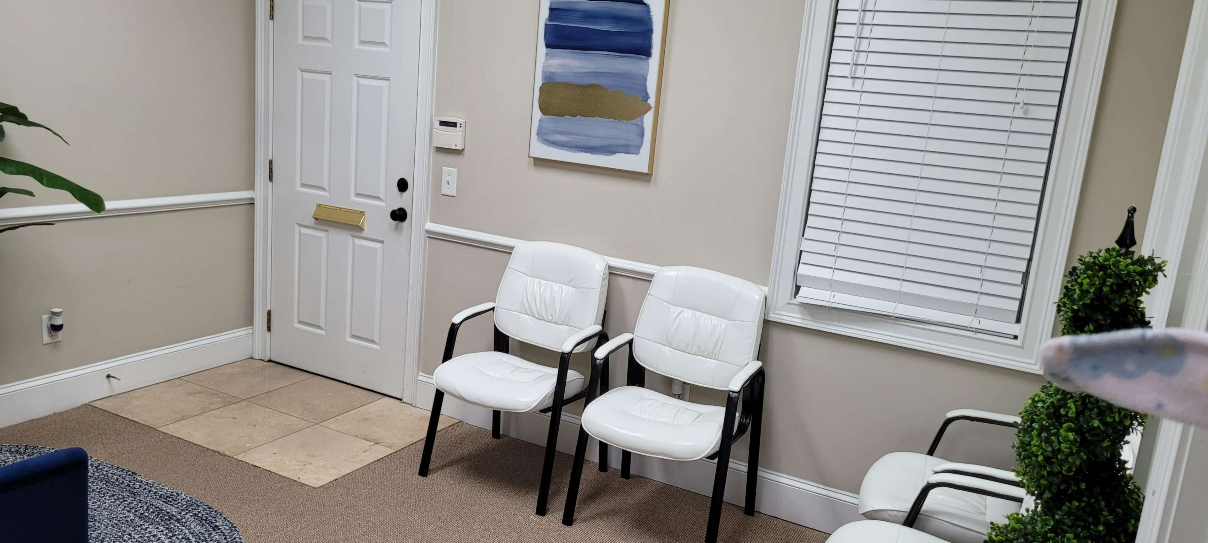 The image shows a waiting room with four white chairs arranged against a beige wall, a closed door with a gold handle, and a piece of artwork above a small decorative plant.