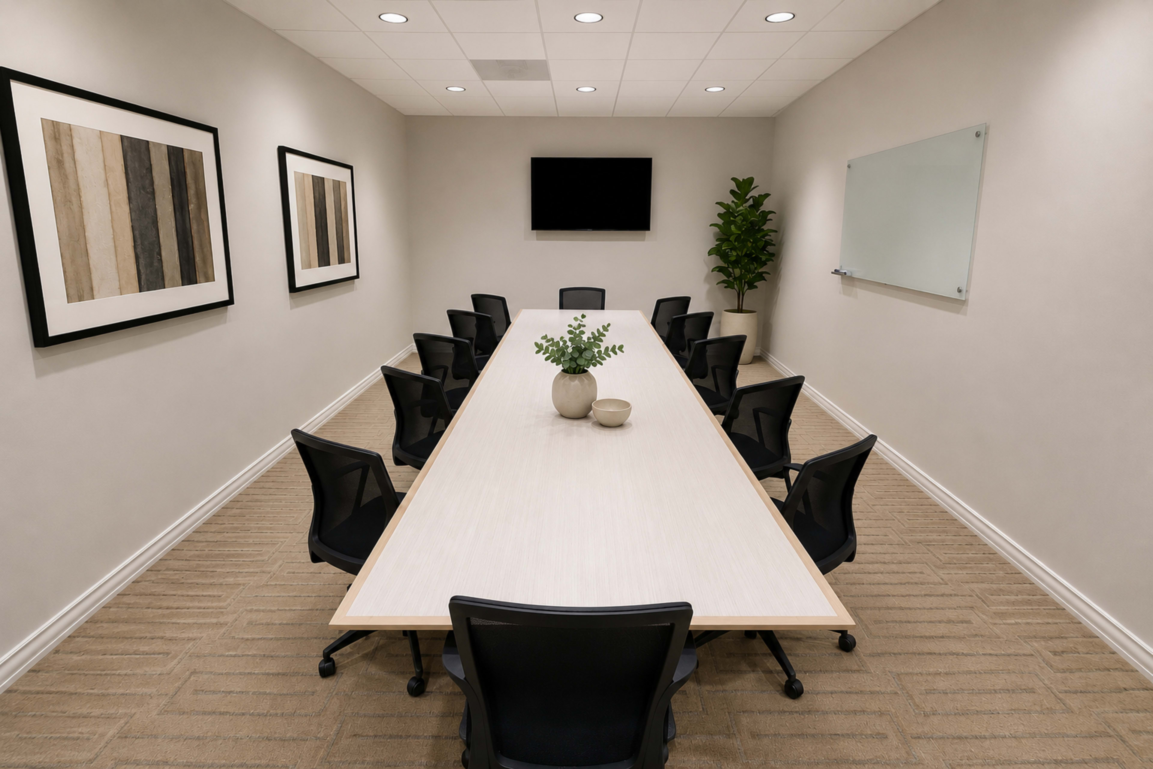 A modern conference room features a long table surrounded by black chairs, with abstract artwork on the walls and a television screen at one end.
