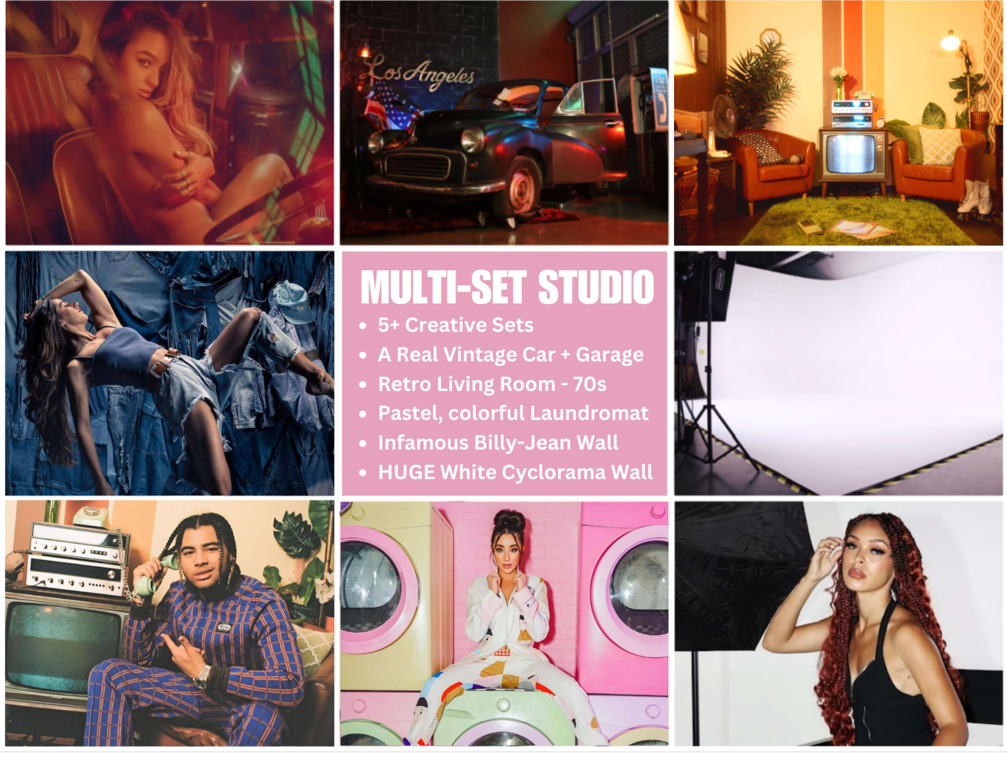 The image features a collage of diverse studio sets, including a vintage car garage, a retro living room, a colorful laundromat, a Billy-Jean wall, and a large white cyclorama.