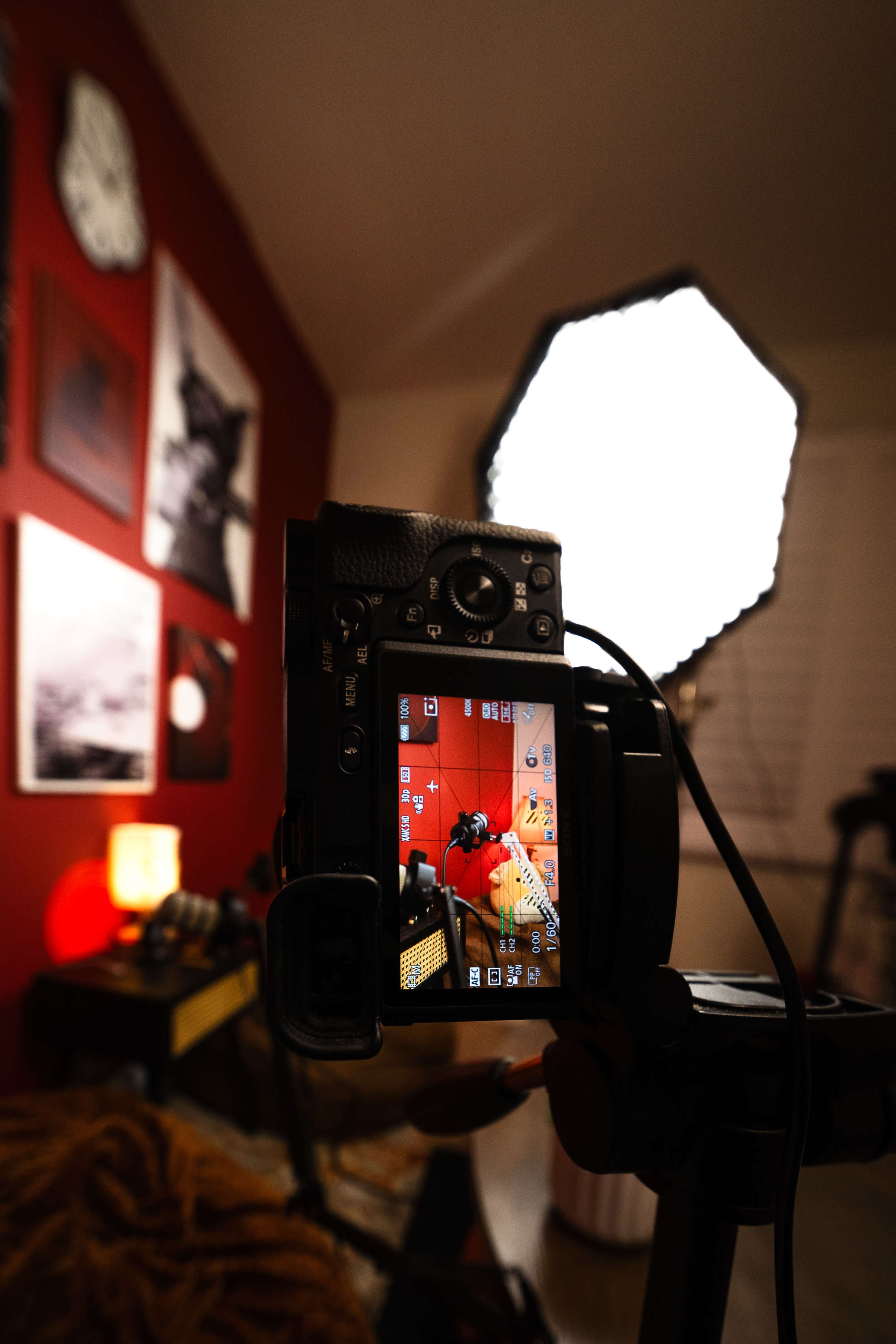A camera on a tripod is focused on a colorful setup illuminated by a large softbox in a room with red walls and framed photographs.