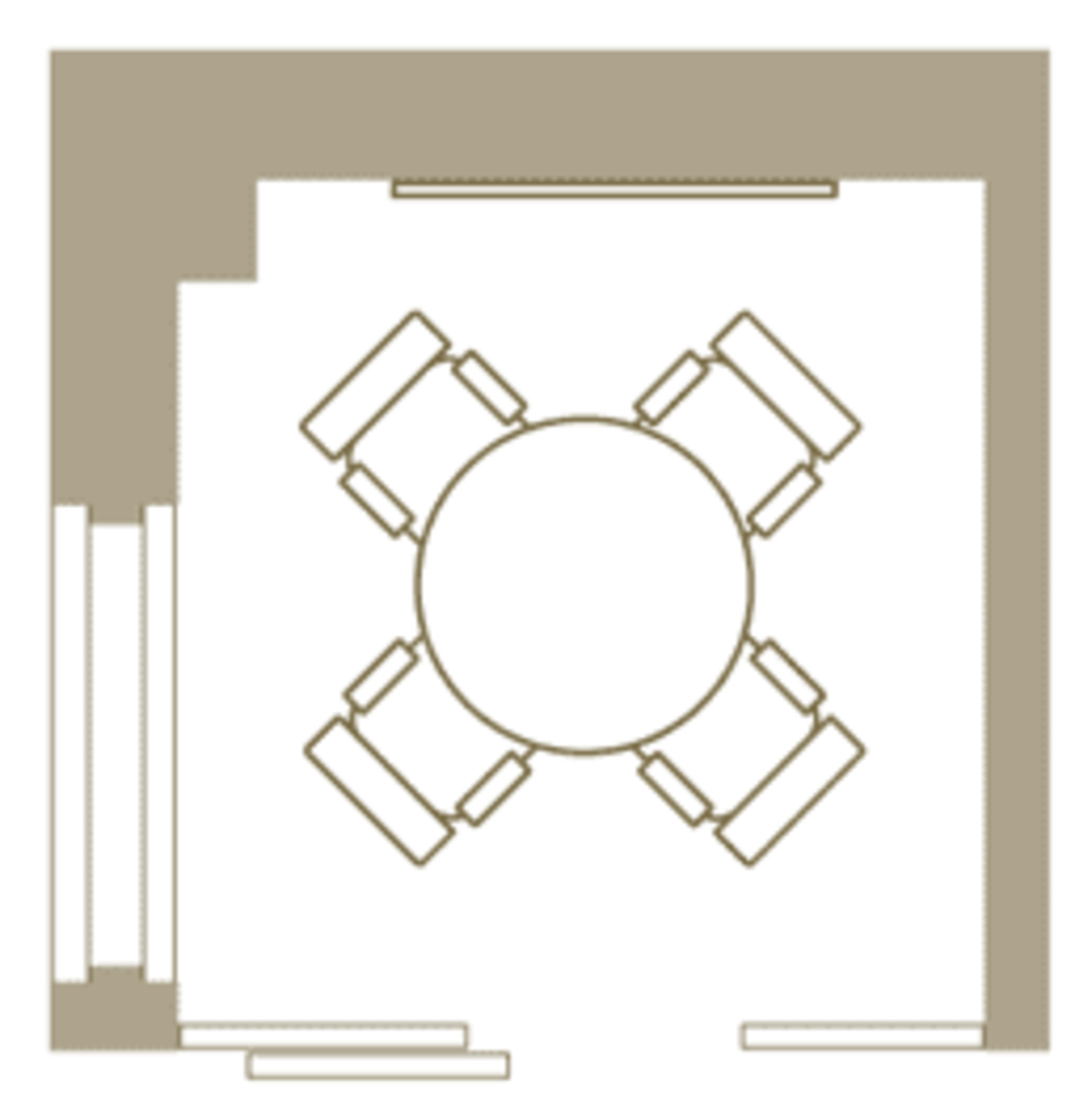 The image shows a floor plan of a dining area featuring a round table surrounded by four chairs.