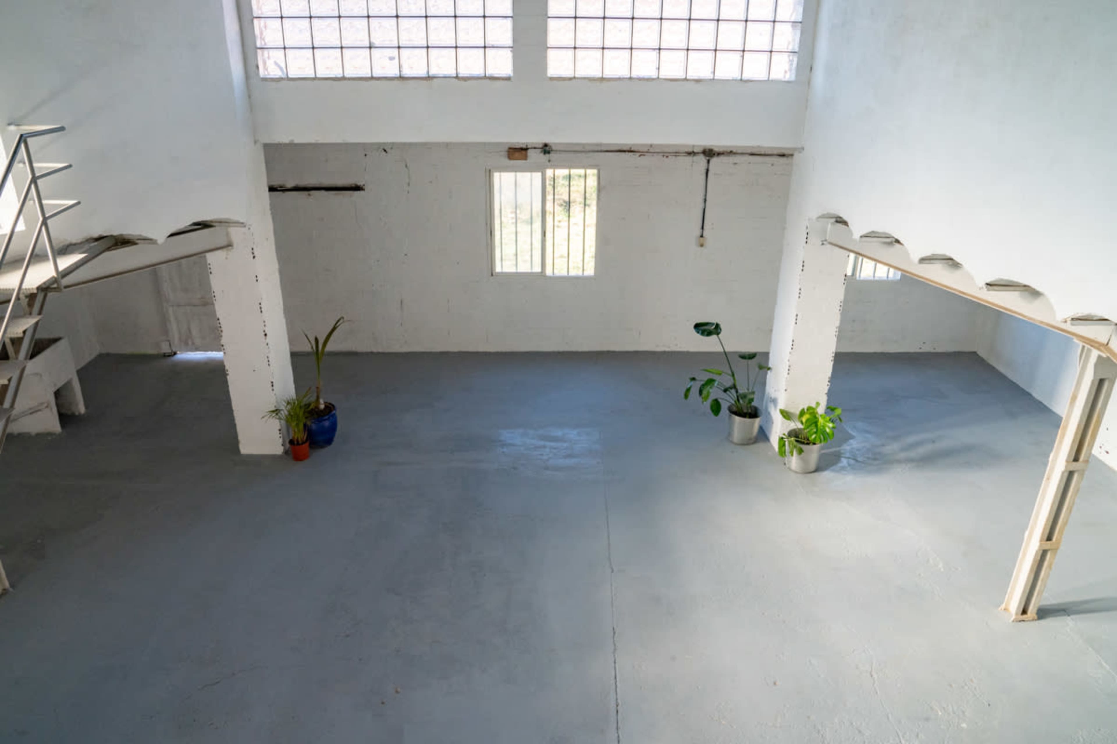 The image shows an empty, unfinished room with a large window, potted plants, and a staircase on one side.