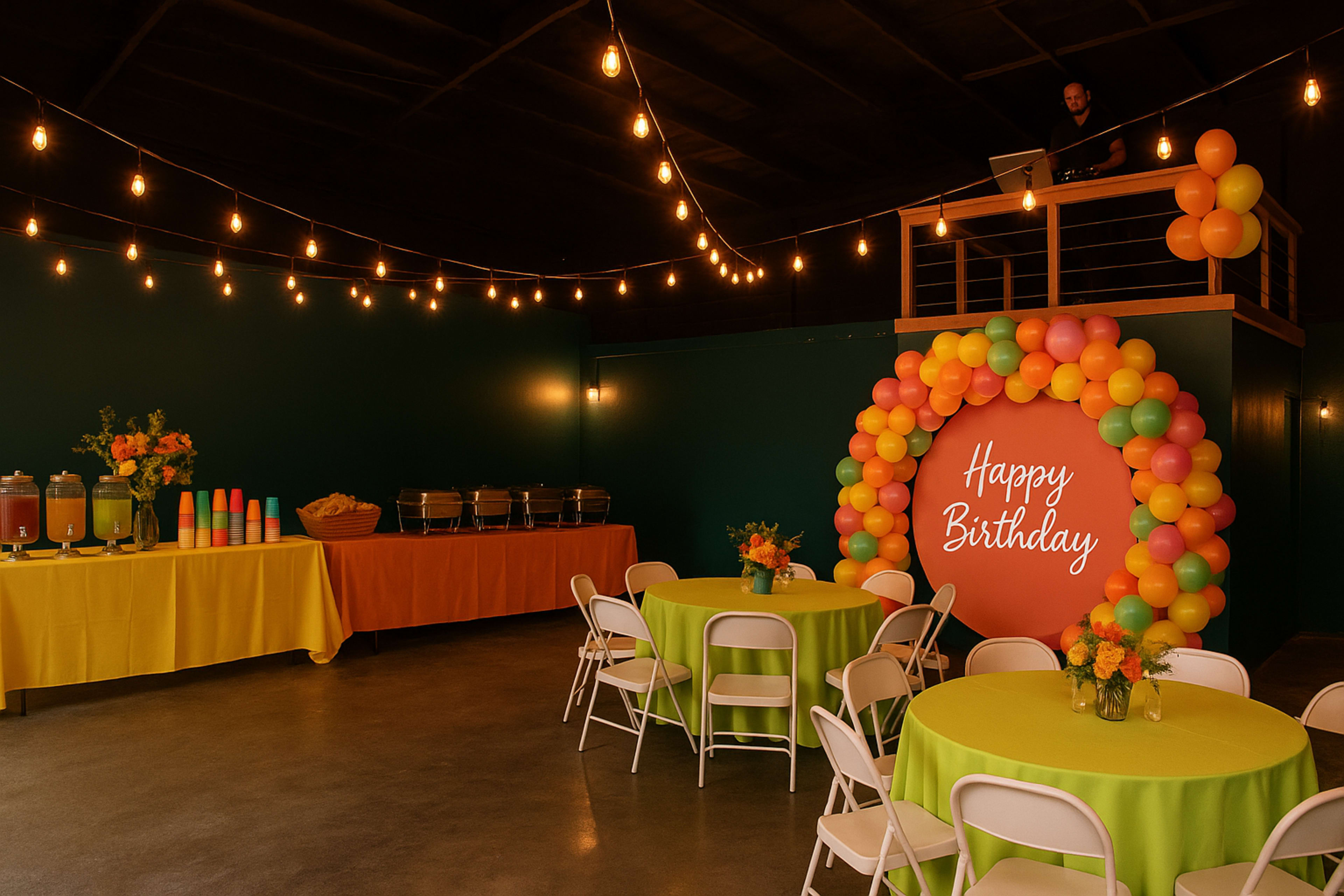 The scene shows a decorated indoor birthday party space with colorful balloons, tables covered in bright cloths, and a festive drink setup.