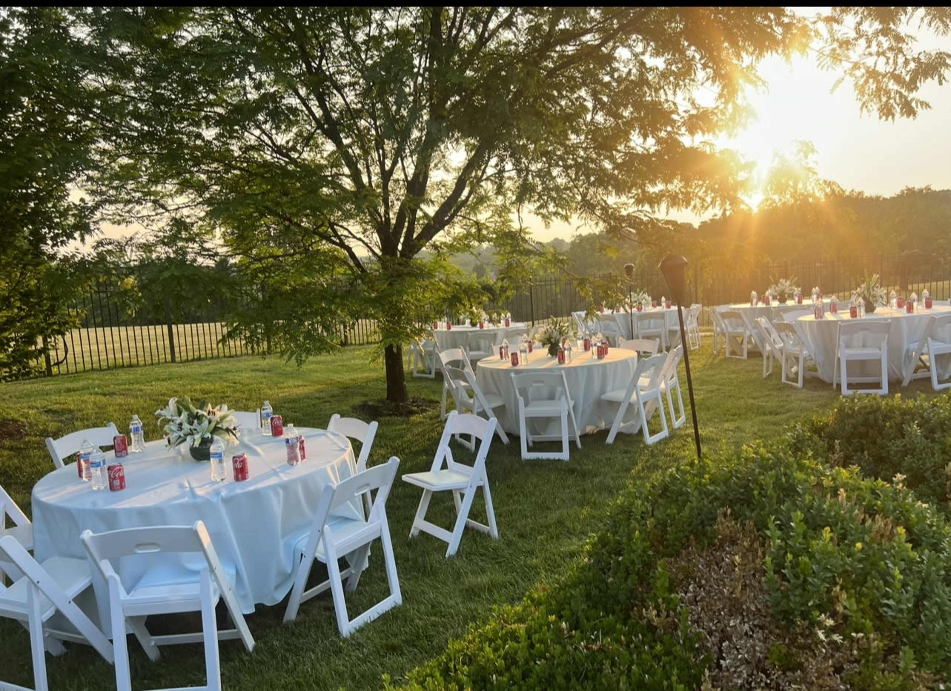 A garden setting features round tables with white tablecloths and chairs arranged under a tree, as the sun sets in the background.
