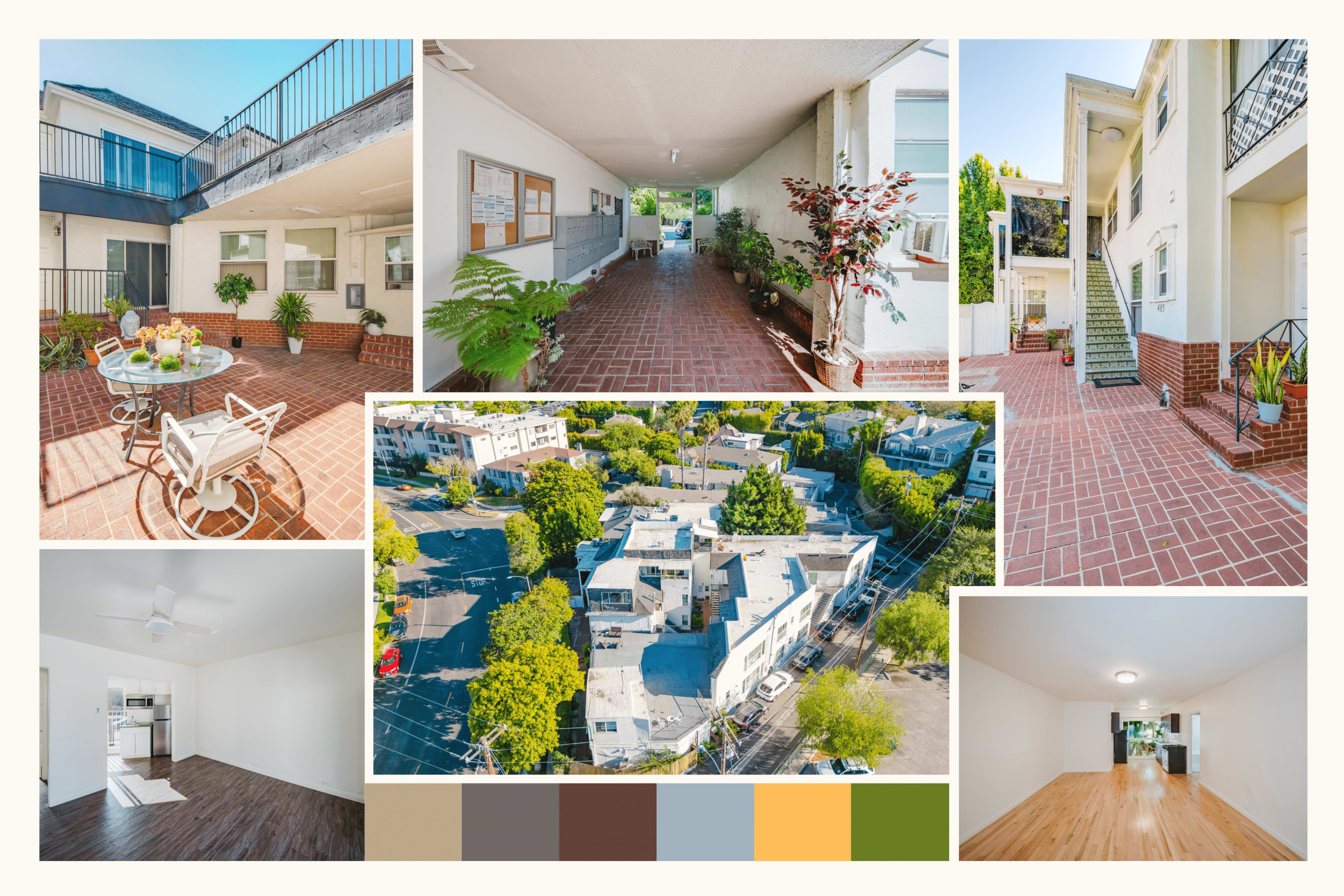 The image showcases a collage of apartment features, including an outdoor seating area, interior hallways, aerial views of the property, and various room layouts.