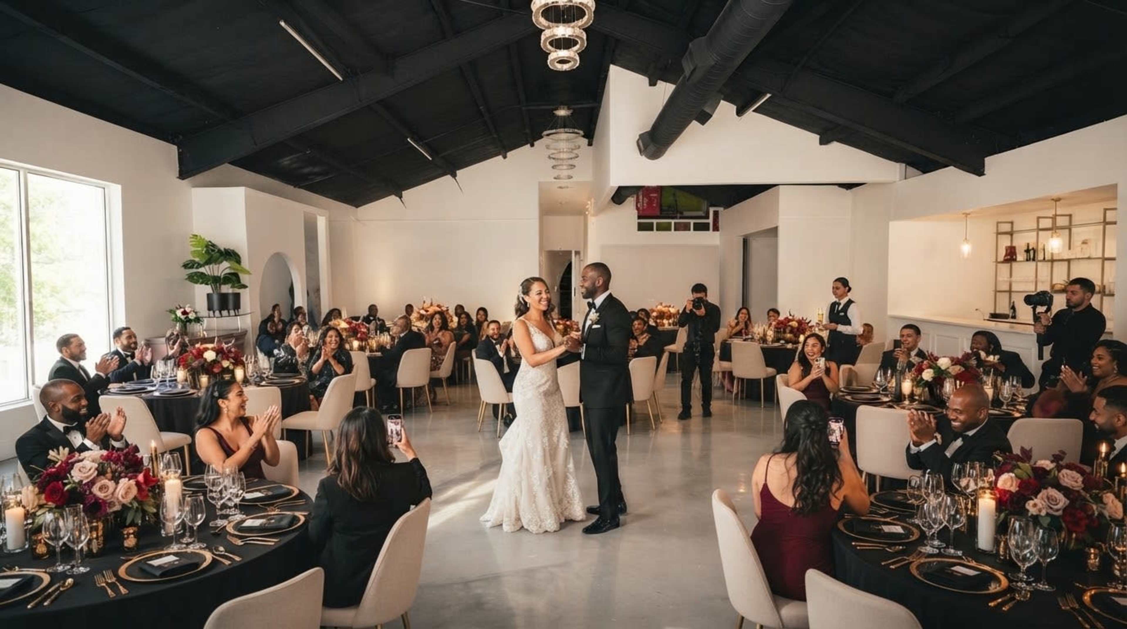 A couple dances together at a elegantly set reception, while guests sit at round tables enjoying the celebration.