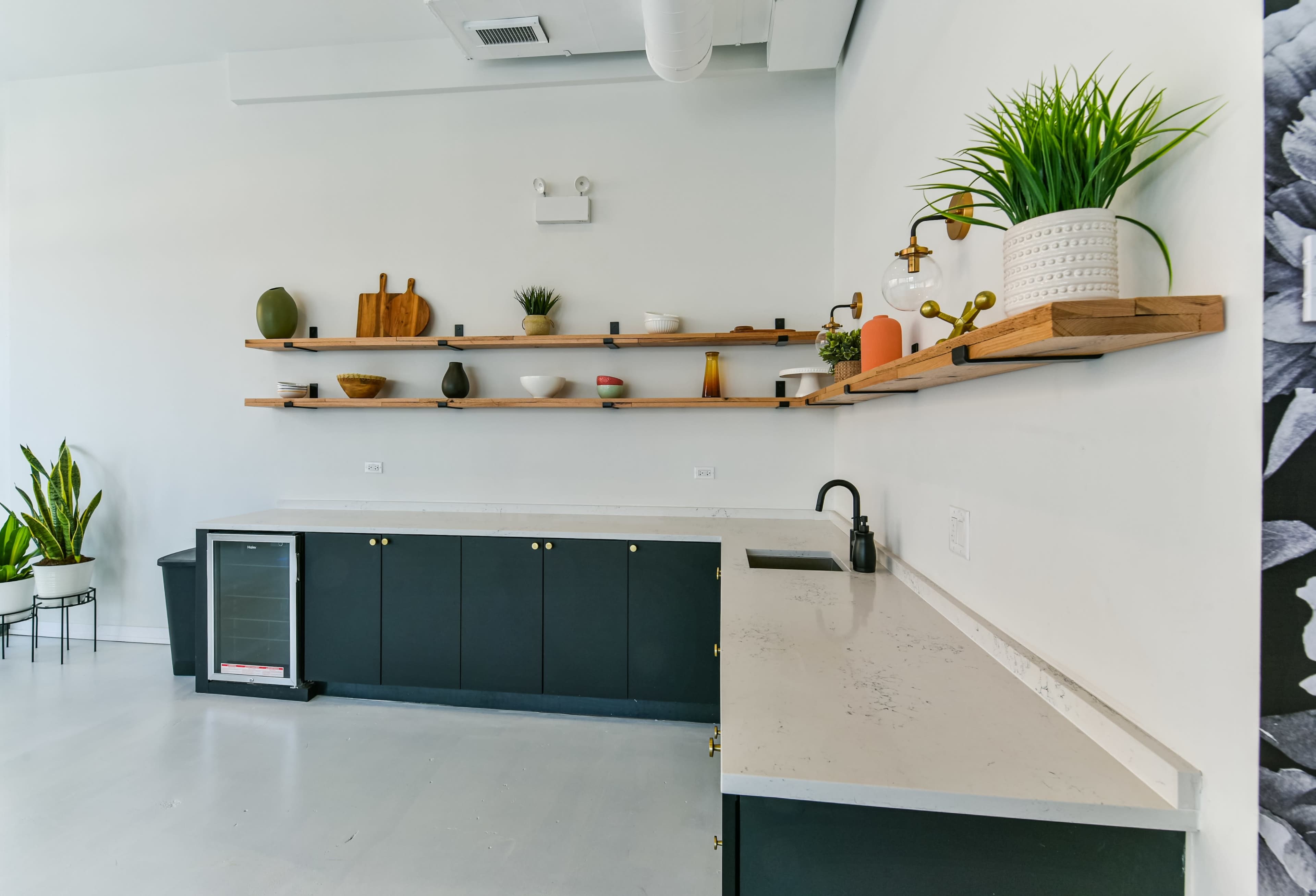 The image shows a modern kitchen with open shelving displaying various objects, a dark cabinet unit, a sink, and a countertop with plants.