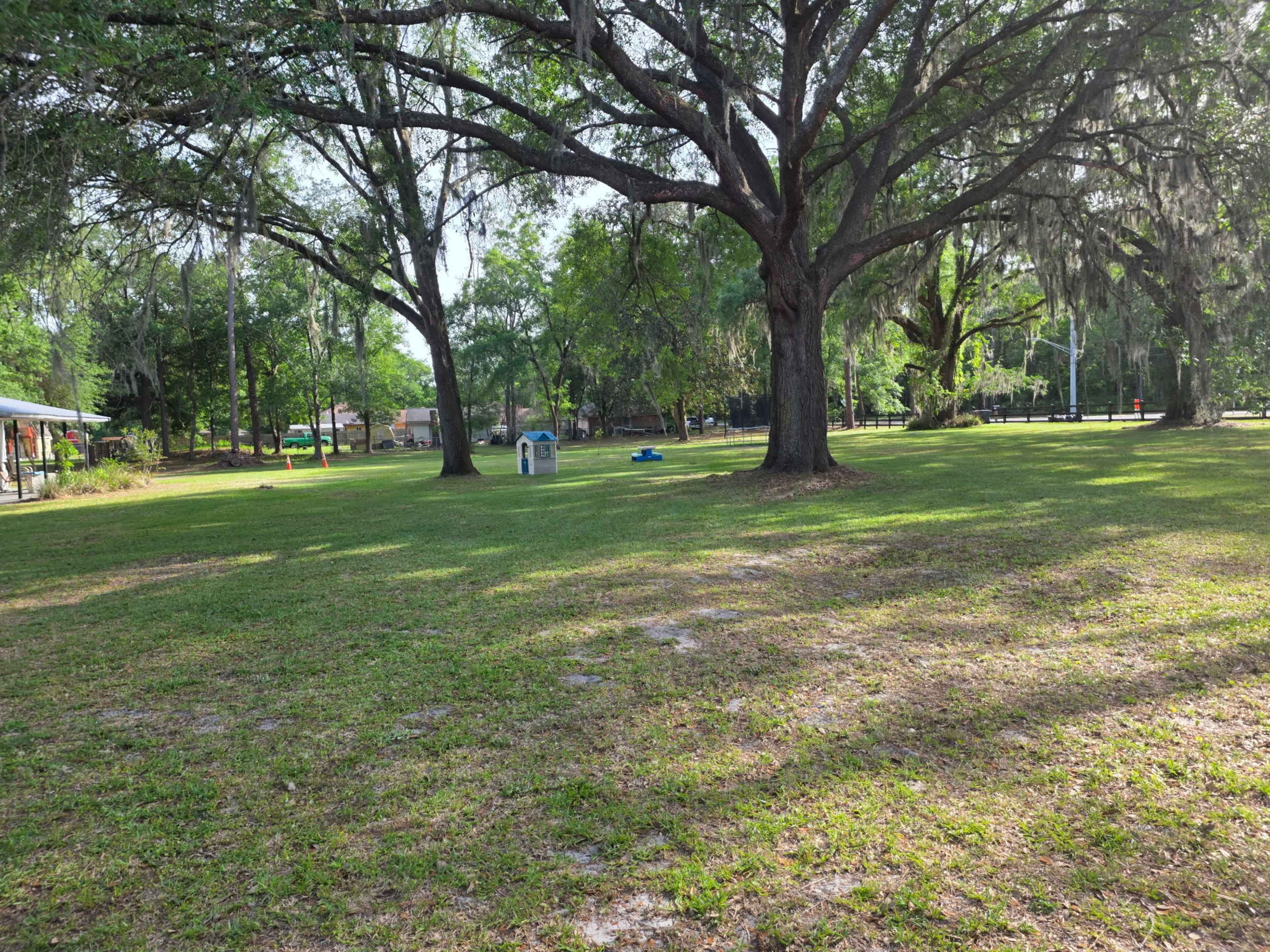 The image shows a spacious park area with a large tree, a small play structure, and a grassy lawn surrounded by trees.