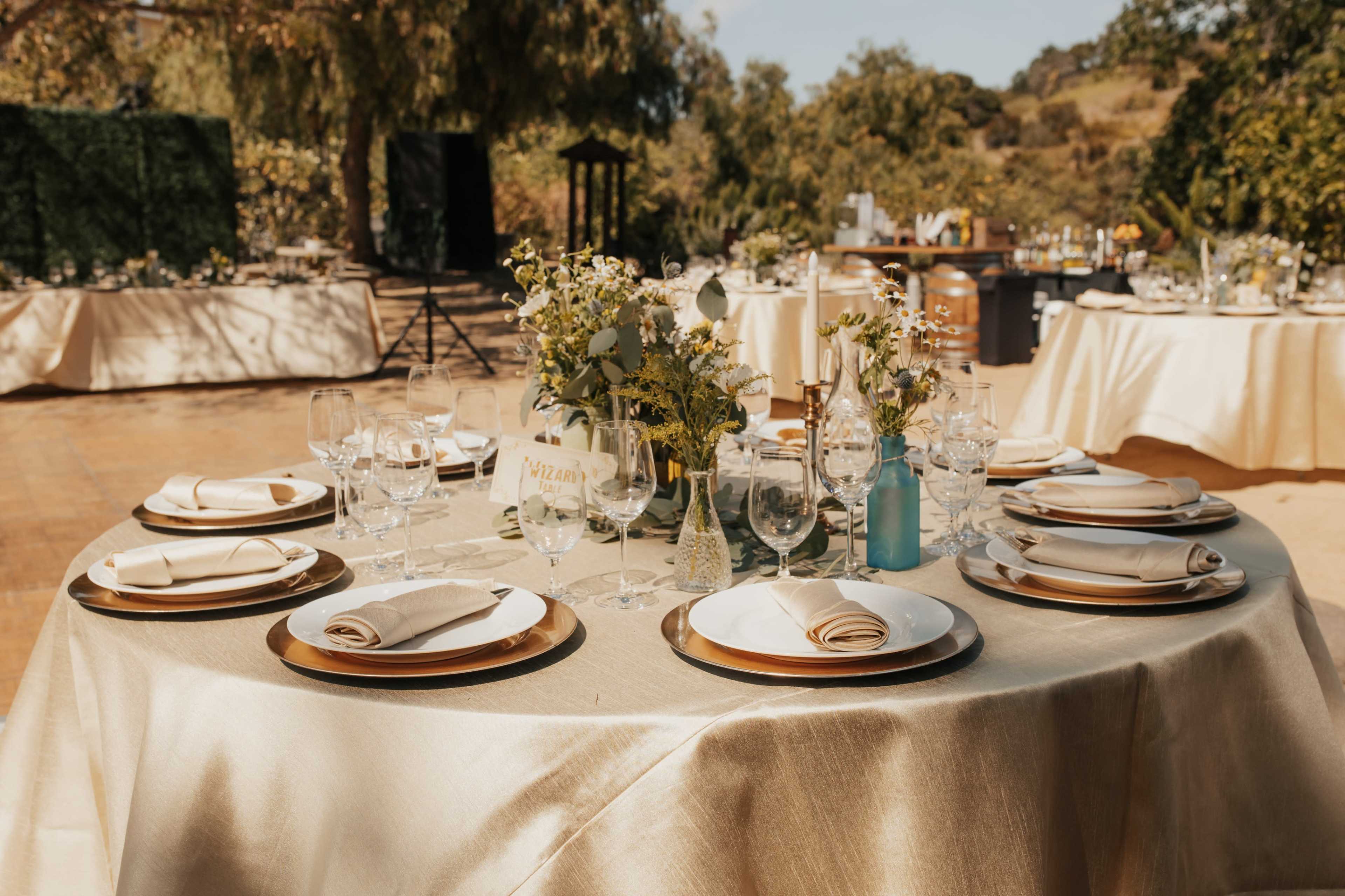 A round table is elegantly set with plates, cutlery, glasses, and floral arrangements, surrounded by other tables in a scenic outdoor venue.