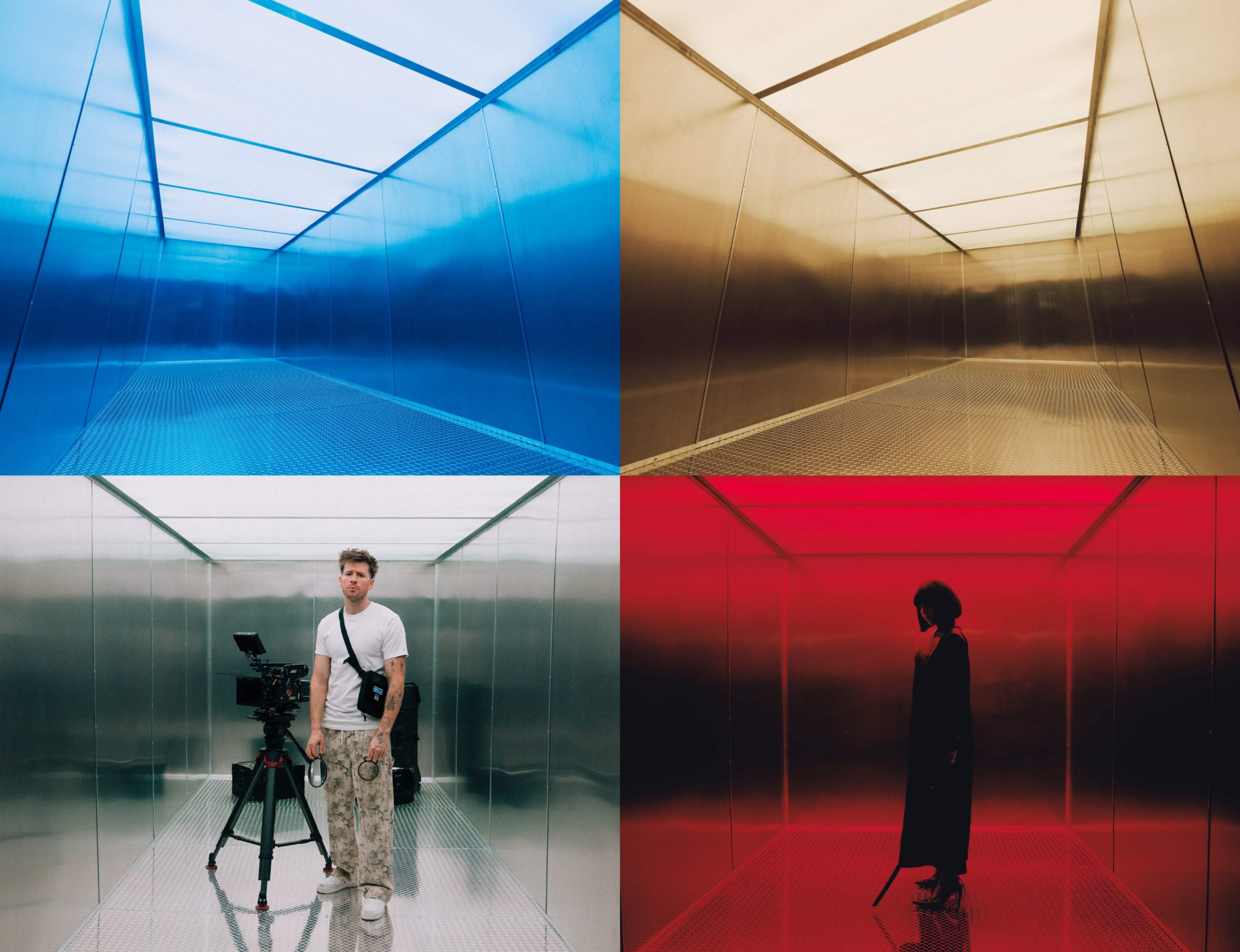The image features a split scene with four differently colored enclosed spaces: a blue space with a man holding a camera, a golden space that is empty, a metallic silver space, and a red space with a person standing still.