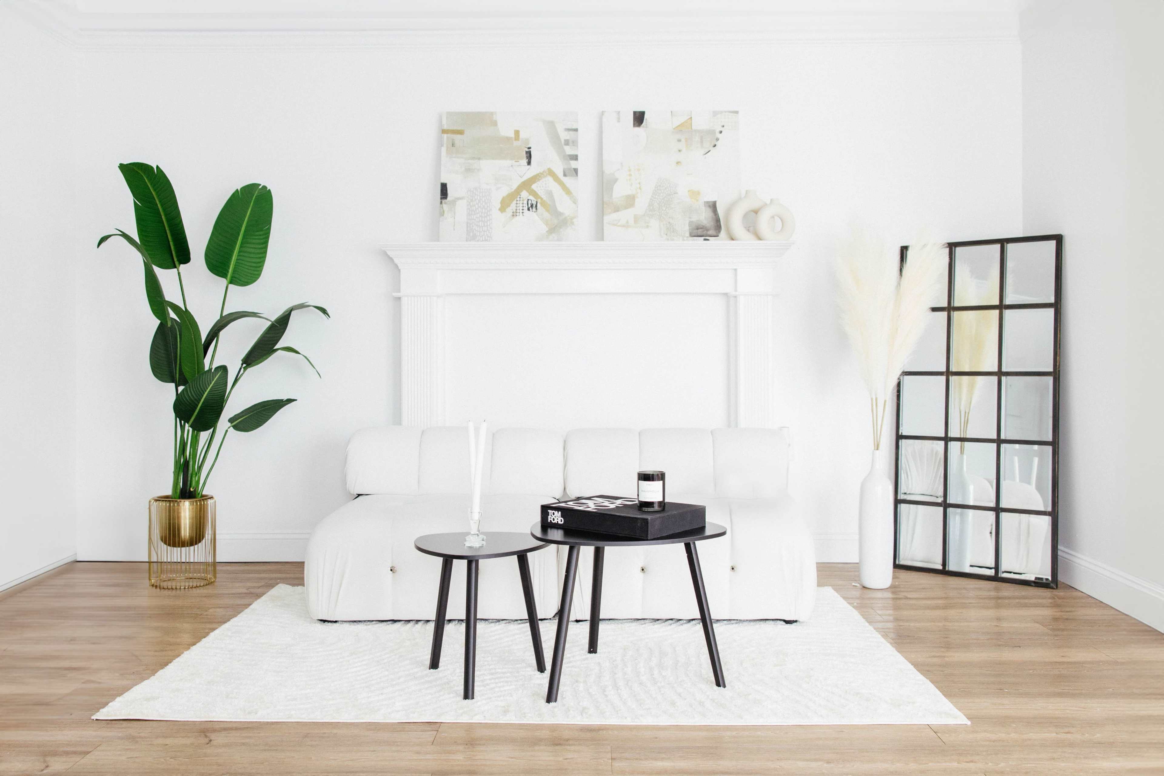 A minimalist living room with a white sofa, a black side table, large green plants, and a decorative mirror against a white wall.