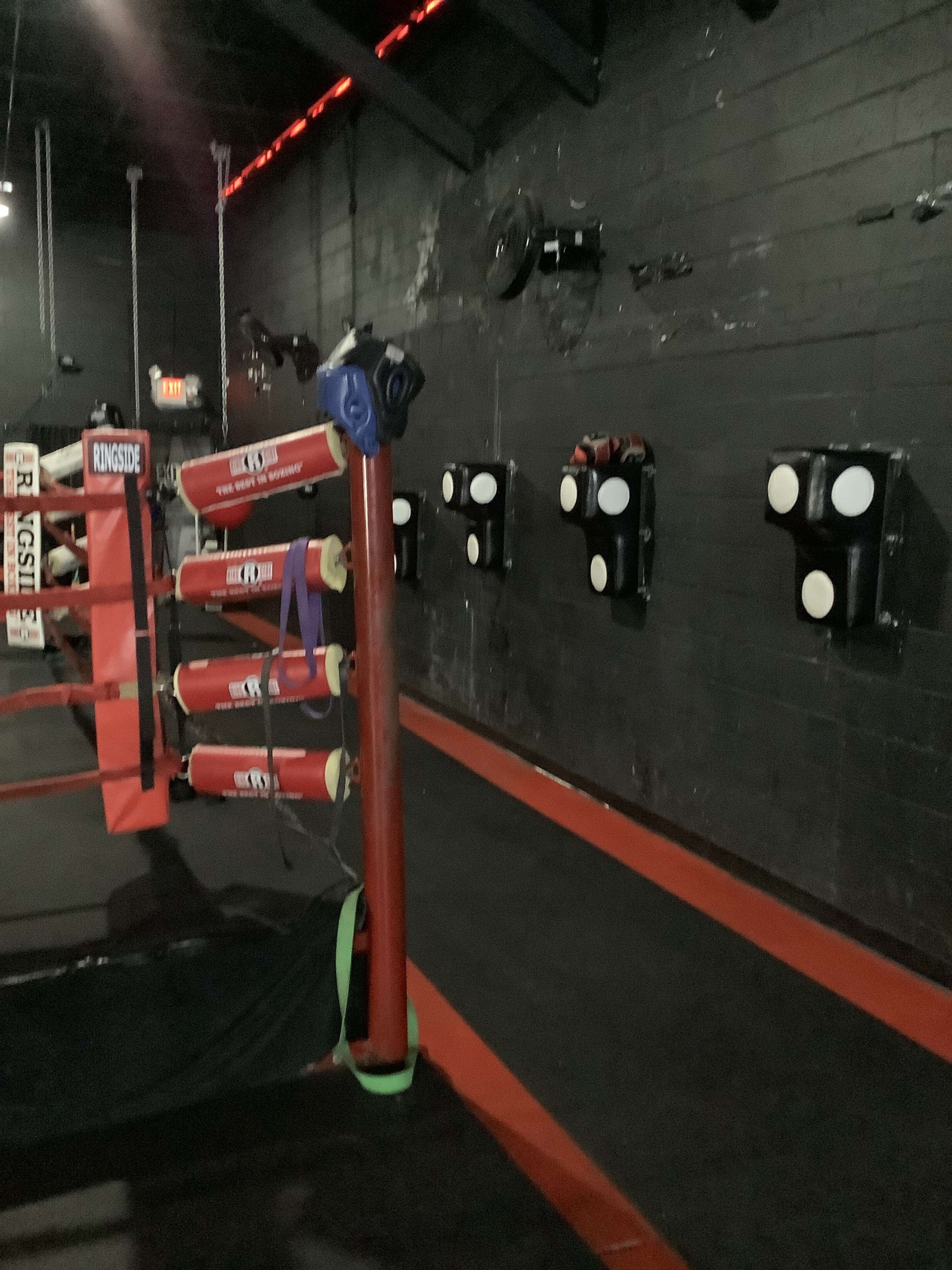 A boxing training area with a red ring setup, surrounded by black walls and various punching targets mounted on the wall.