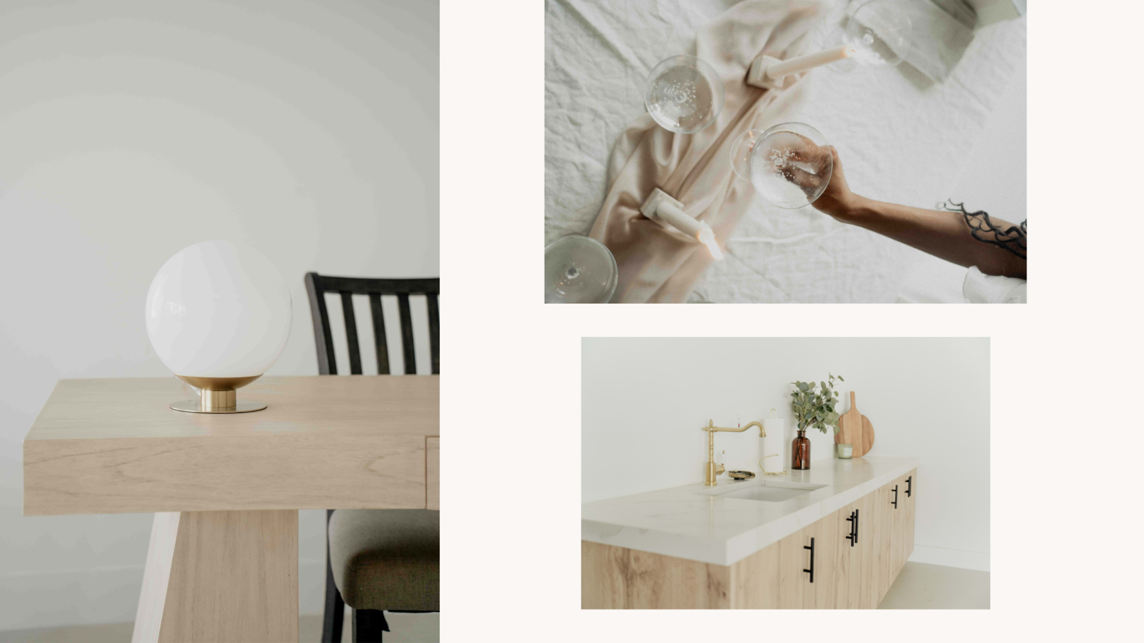 The image depicts a modern interior setting featuring a wooden table with a globe-shaped lamp, a top-down view of a person pouring drinks, and a kitchen sink area with wooden cabinetry and decor.