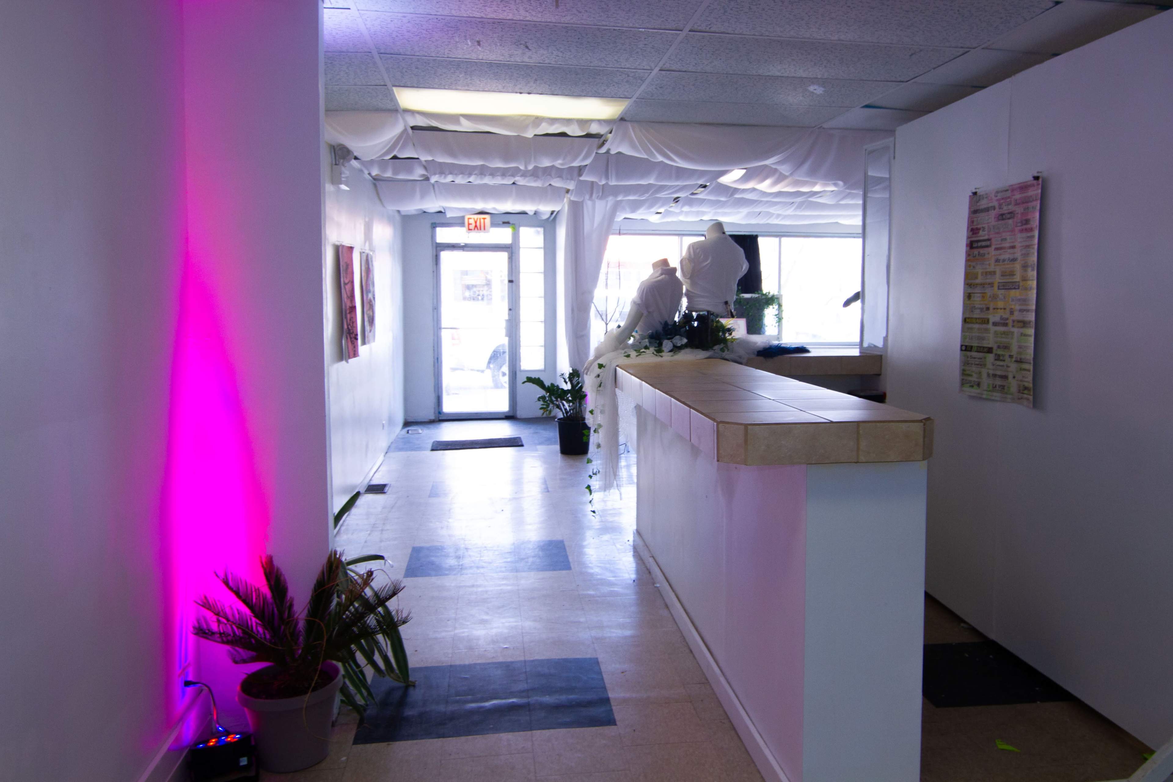 A well-lit hallway features a reception area with a counter and decorative plants, leading to an exit door at the far end.