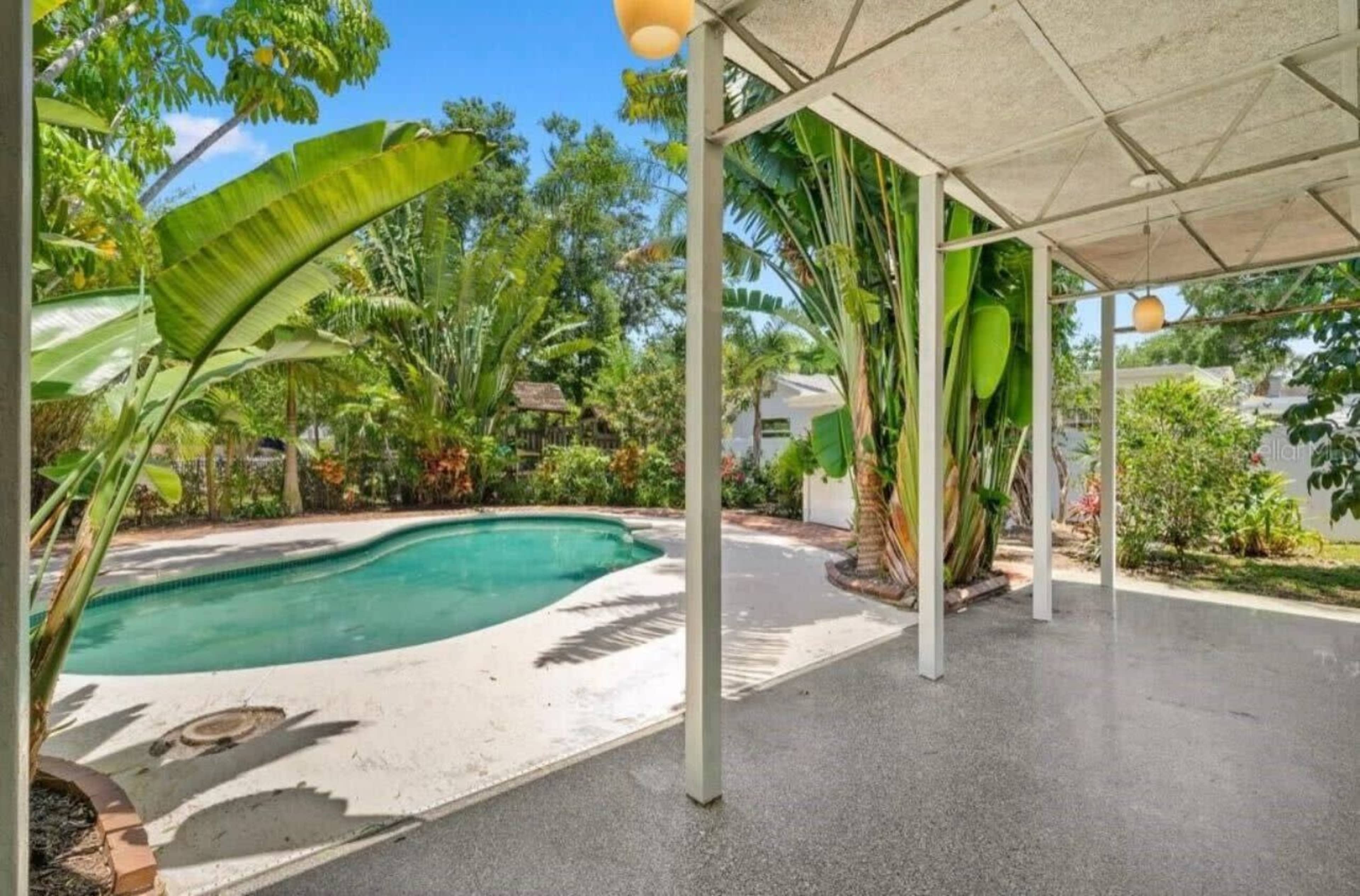 The image shows a backyard with a swimming pool surrounded by tropical plants and trees, viewed from a covered patio area.