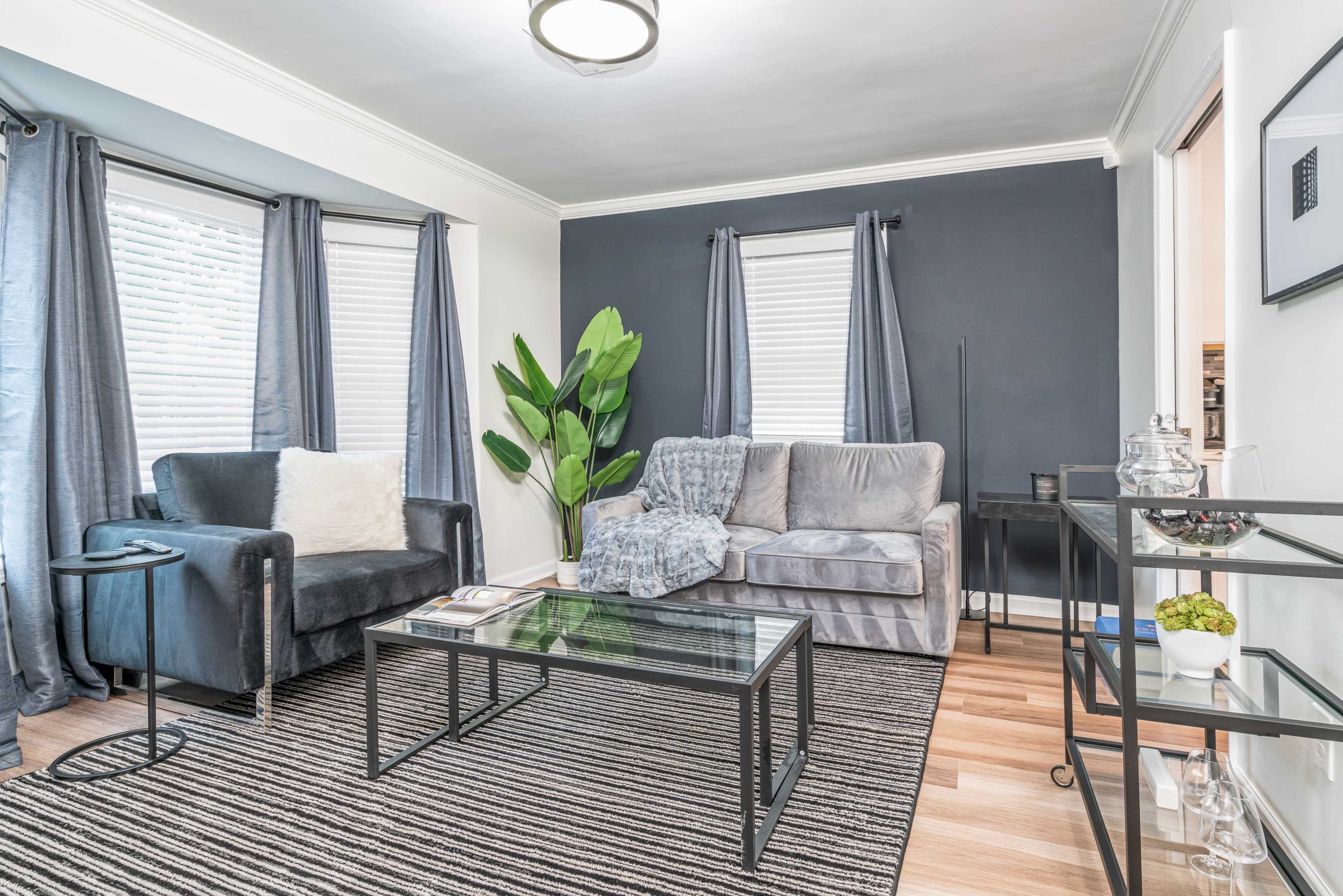 The image shows a modern living room with a dark wall, large windows covered by sheer curtains, a grey sofa and chair, a glass coffee table, and a tall indoor plant.