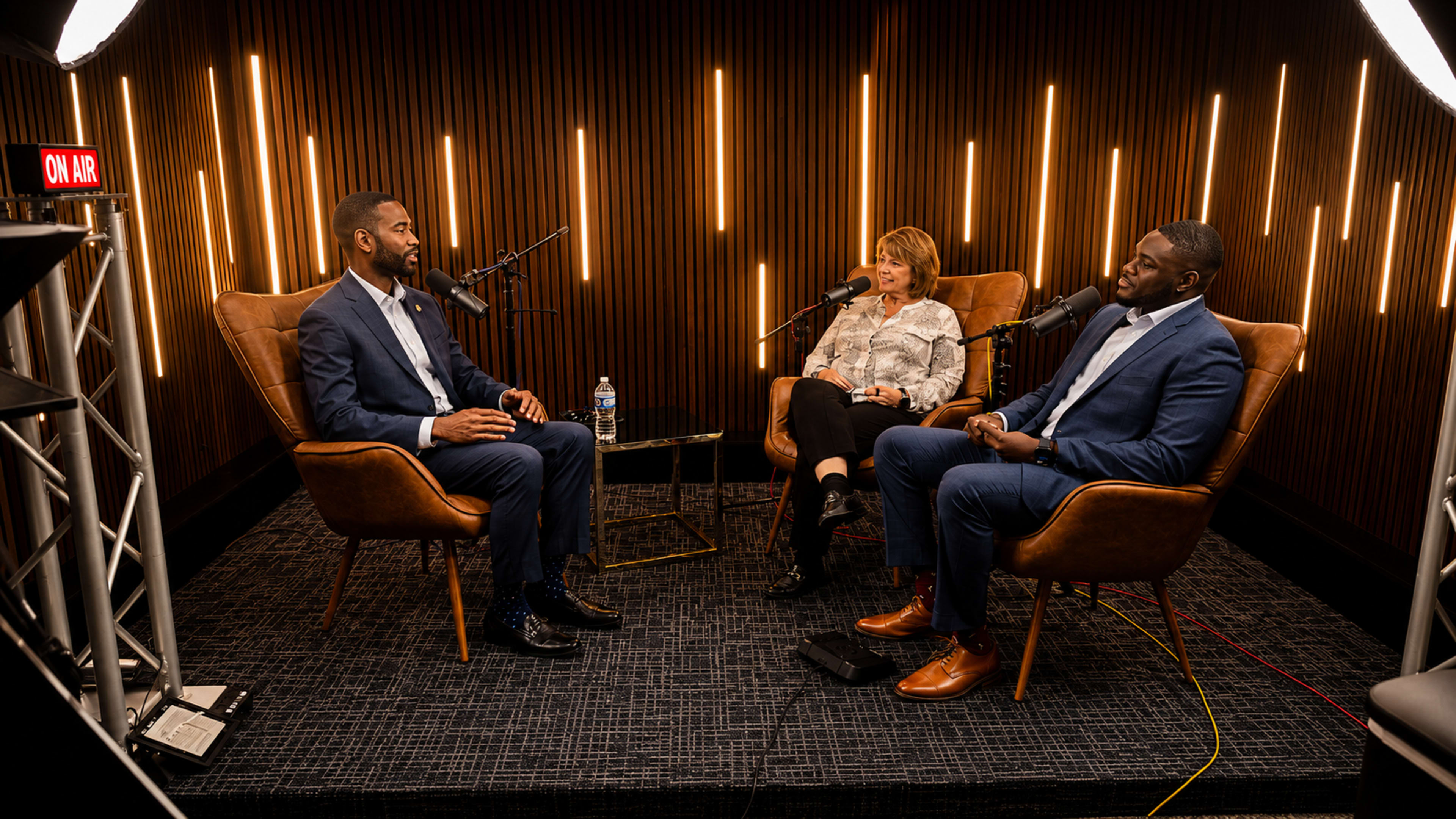 Three individuals are seated in a studio with microphones, engaged in conversation, surrounded by warm lighting and a modern backdrop.