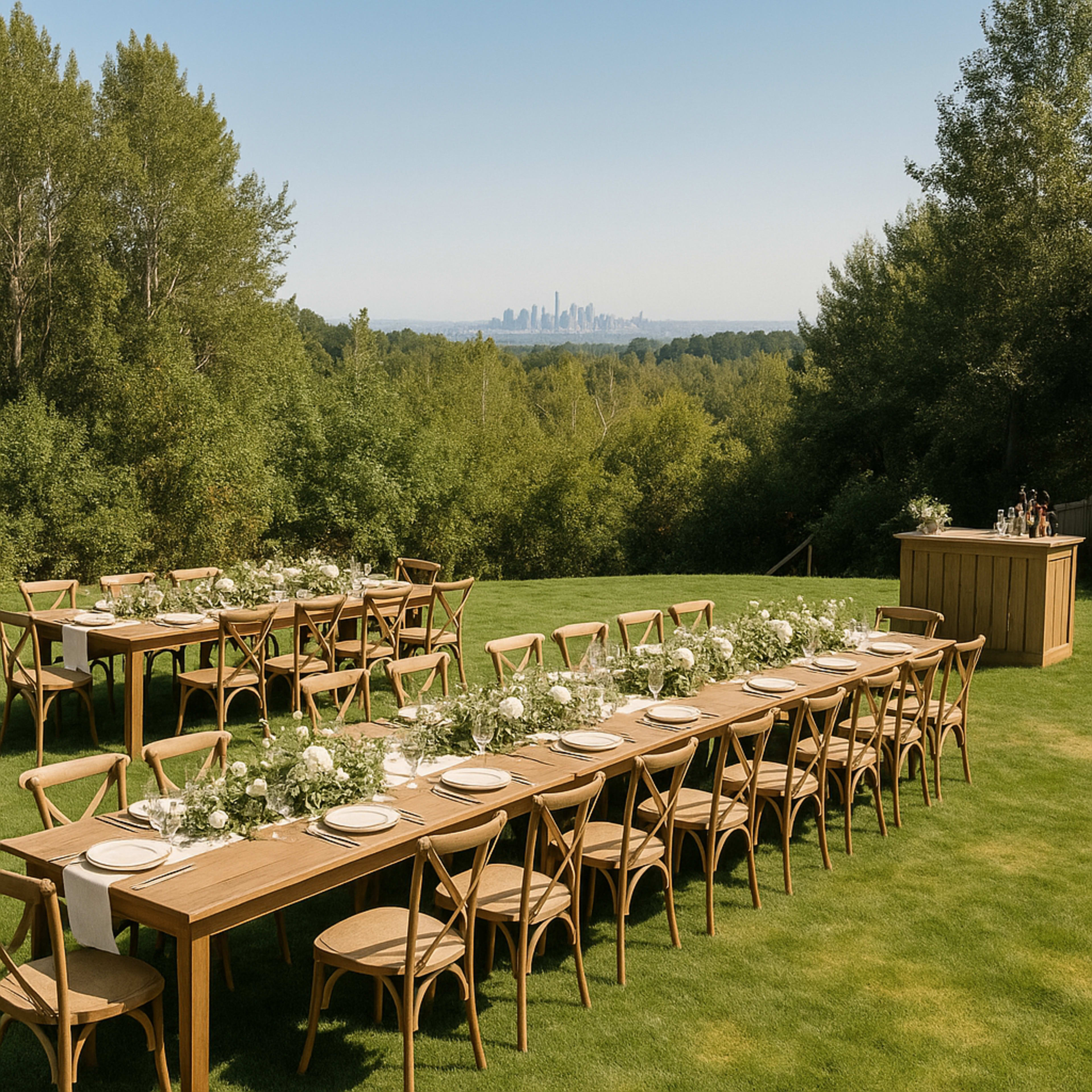 A long outdoor dining setup with wooden tables and chairs is arranged on a grassy area, overlooking a city skyline in the distance.