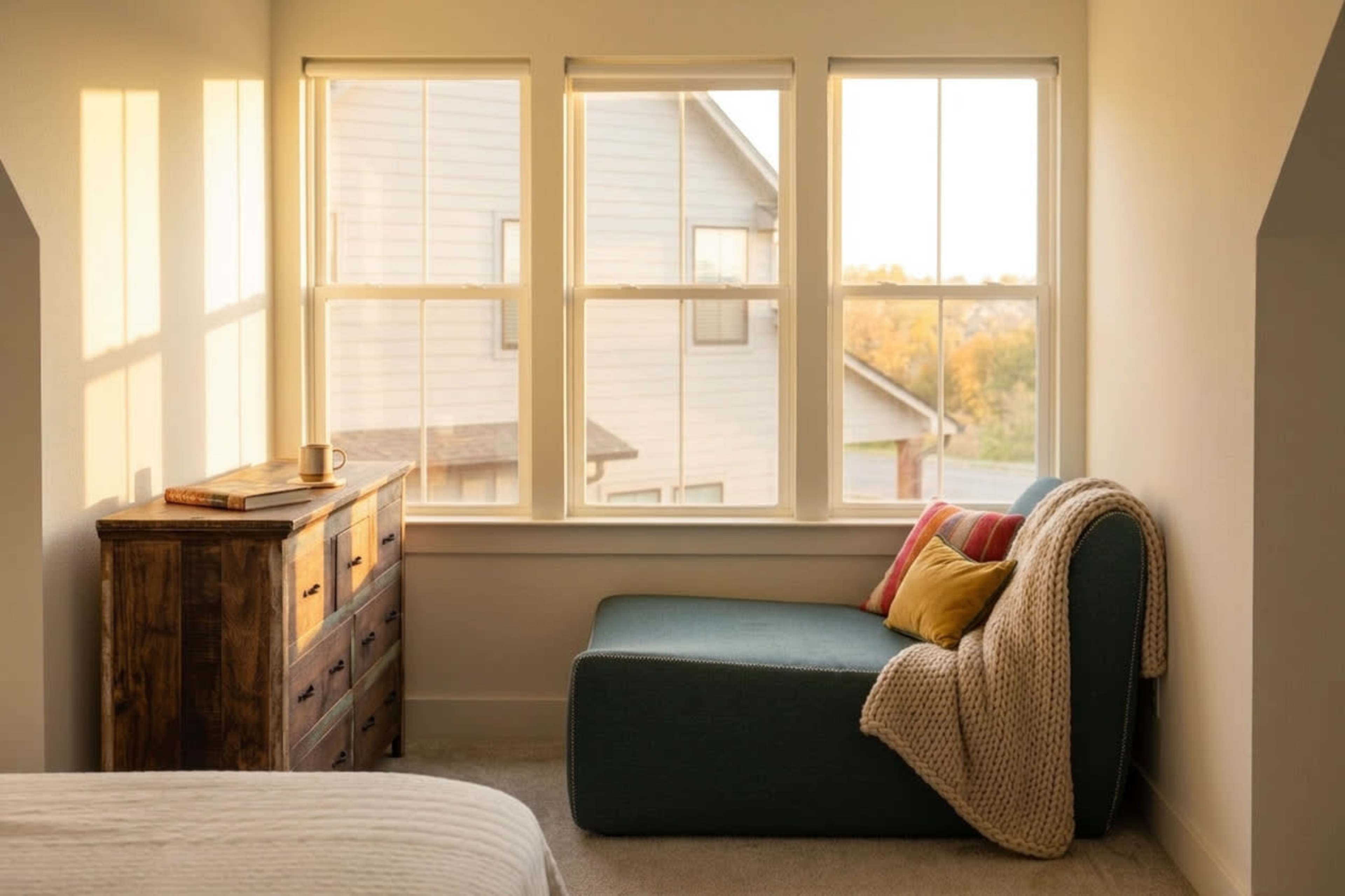 A cozy reading nook features a chaise lounge, a wooden dresser, and large windows allowing natural light to fill the space.