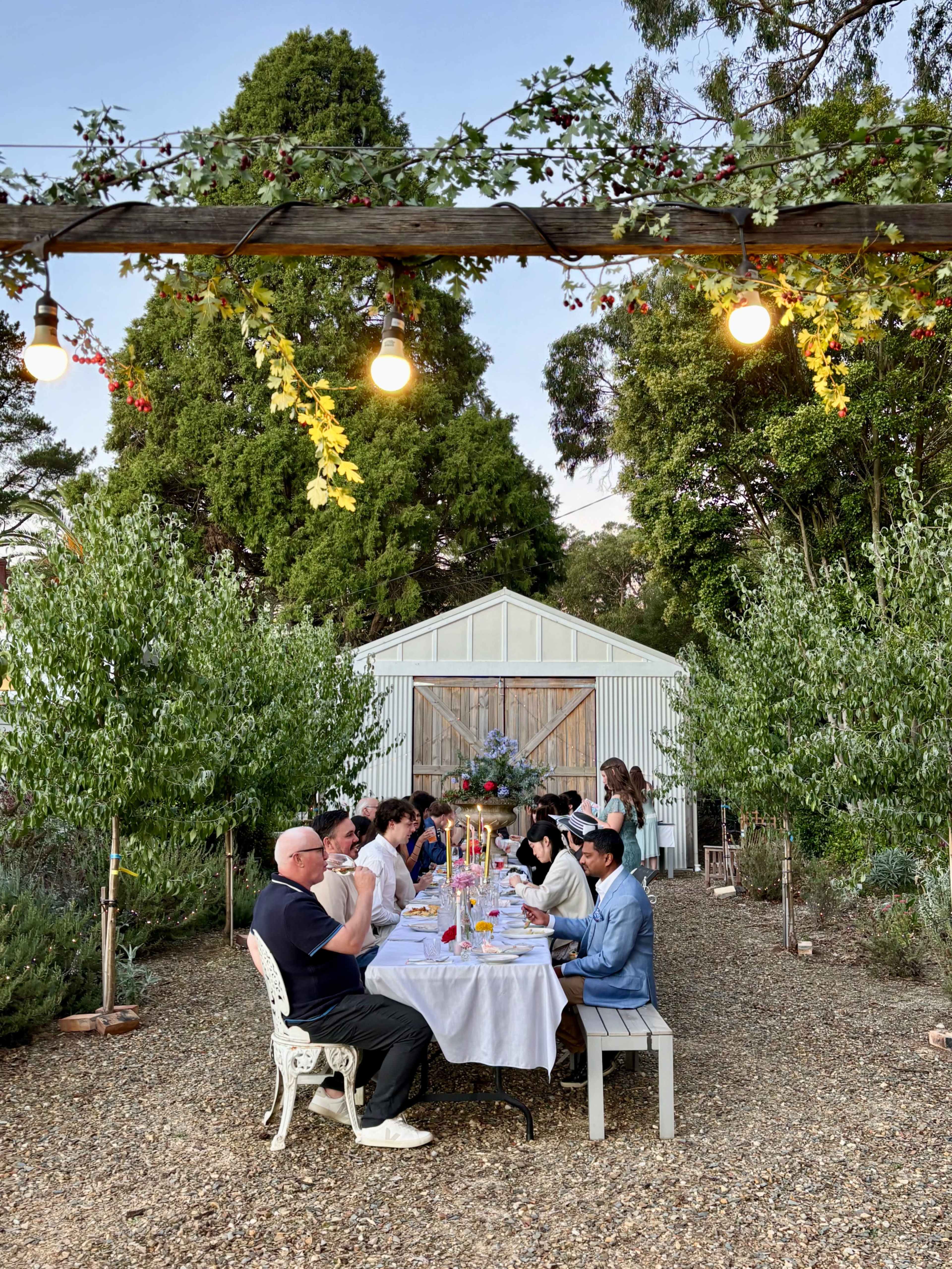 A long dining table is set outdoors among trees, with guests enjoying a meal under string lights and a greenhouse in the background.