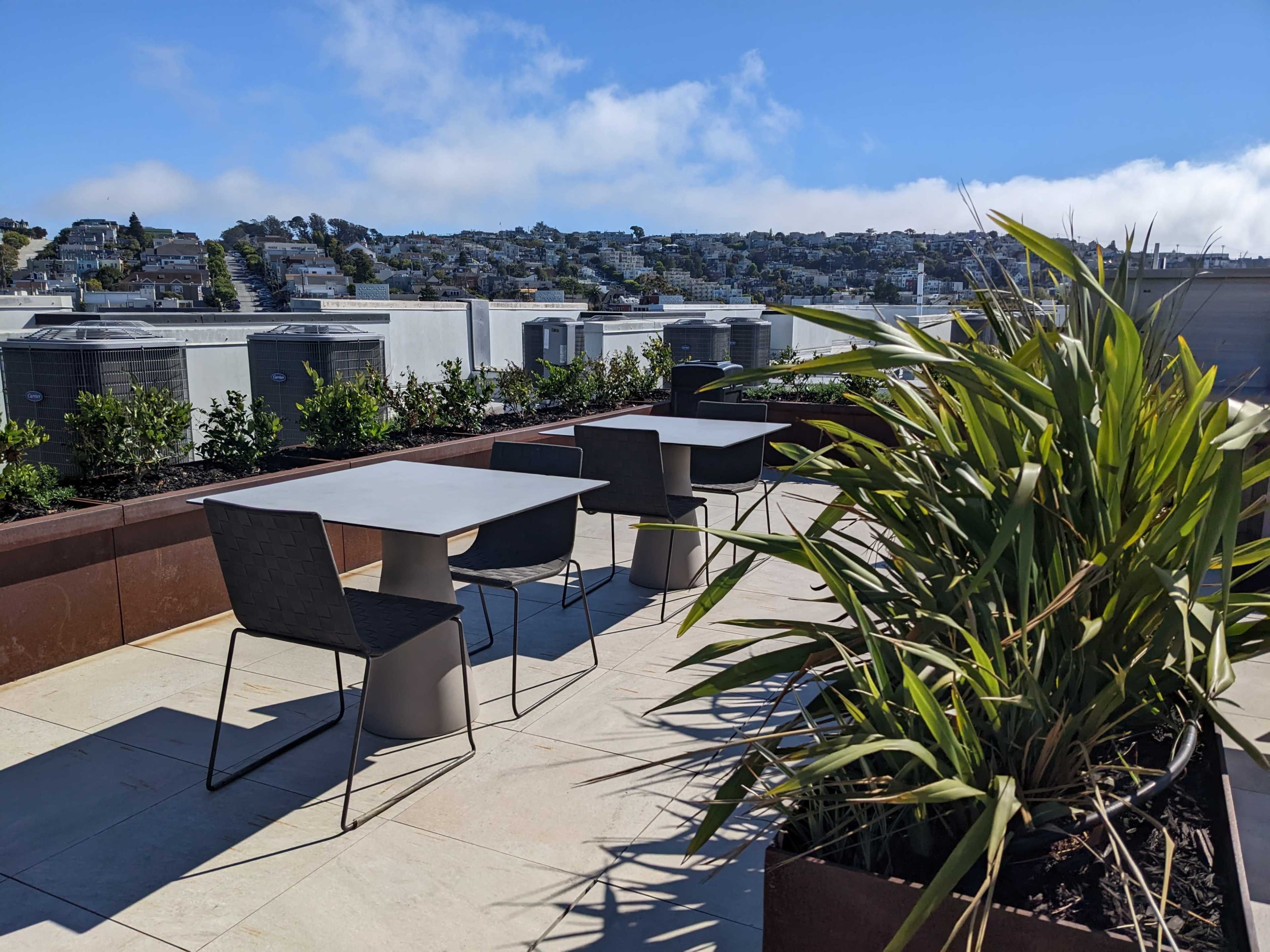 A rooftop terrace with four tables surrounded by plants and a view of houses in the background.