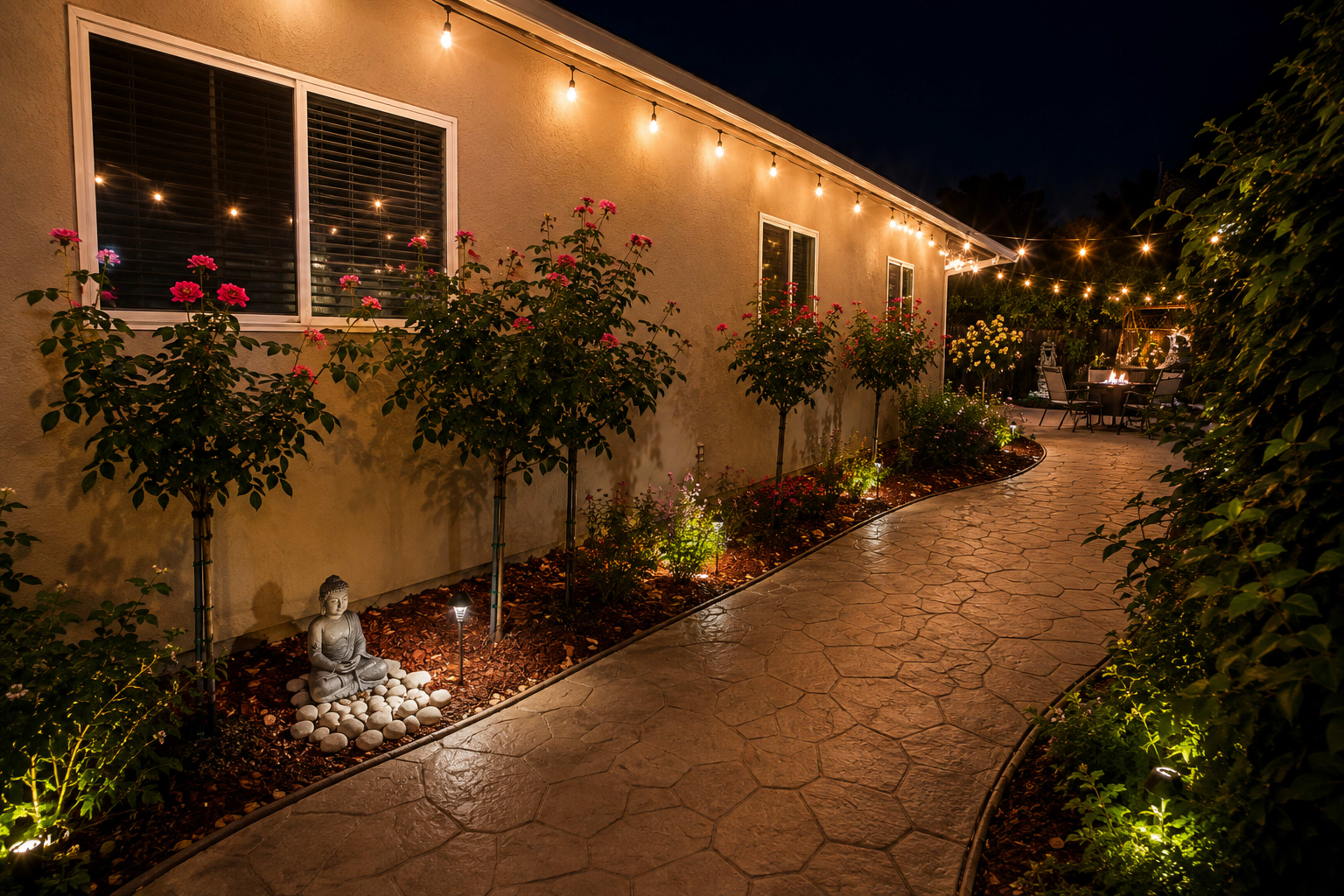 The image shows a landscaped pathway lined with flowering shrubs and soft lighting, leading to a house with string lights illuminating the area at night.