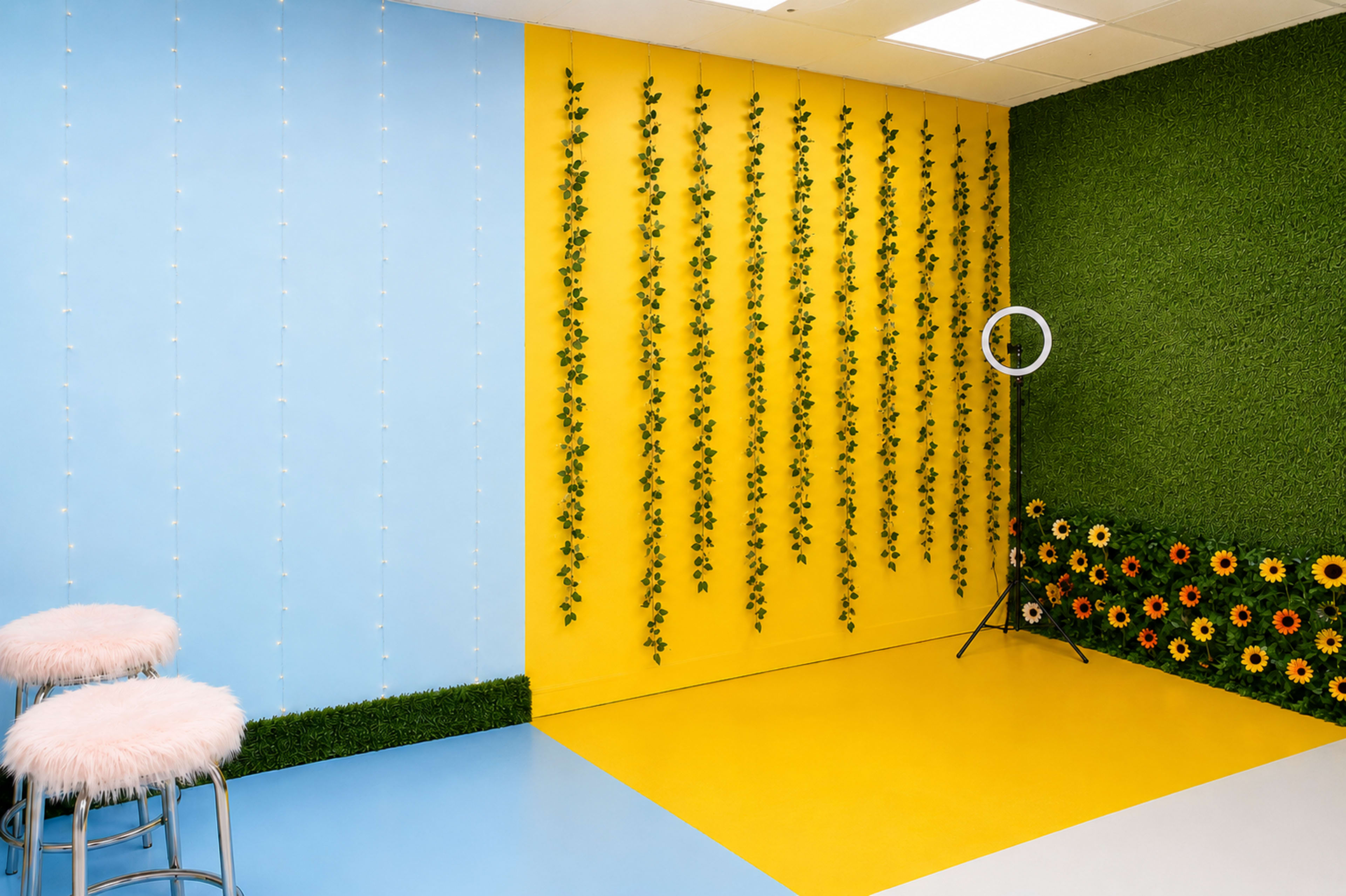 The image depicts a brightly colored room featuring blue and yellow walls with decorative greenery and sunflower accents, alongside a ring light on a stand.
