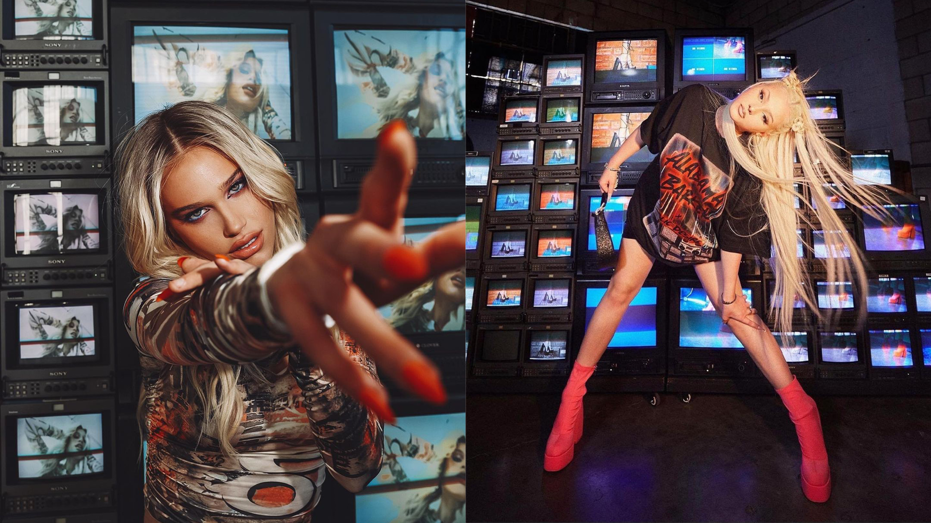A model poses in front of multiple vintage televisions displaying vibrant images, while reaching out with one hand and wearing a bold outfit.