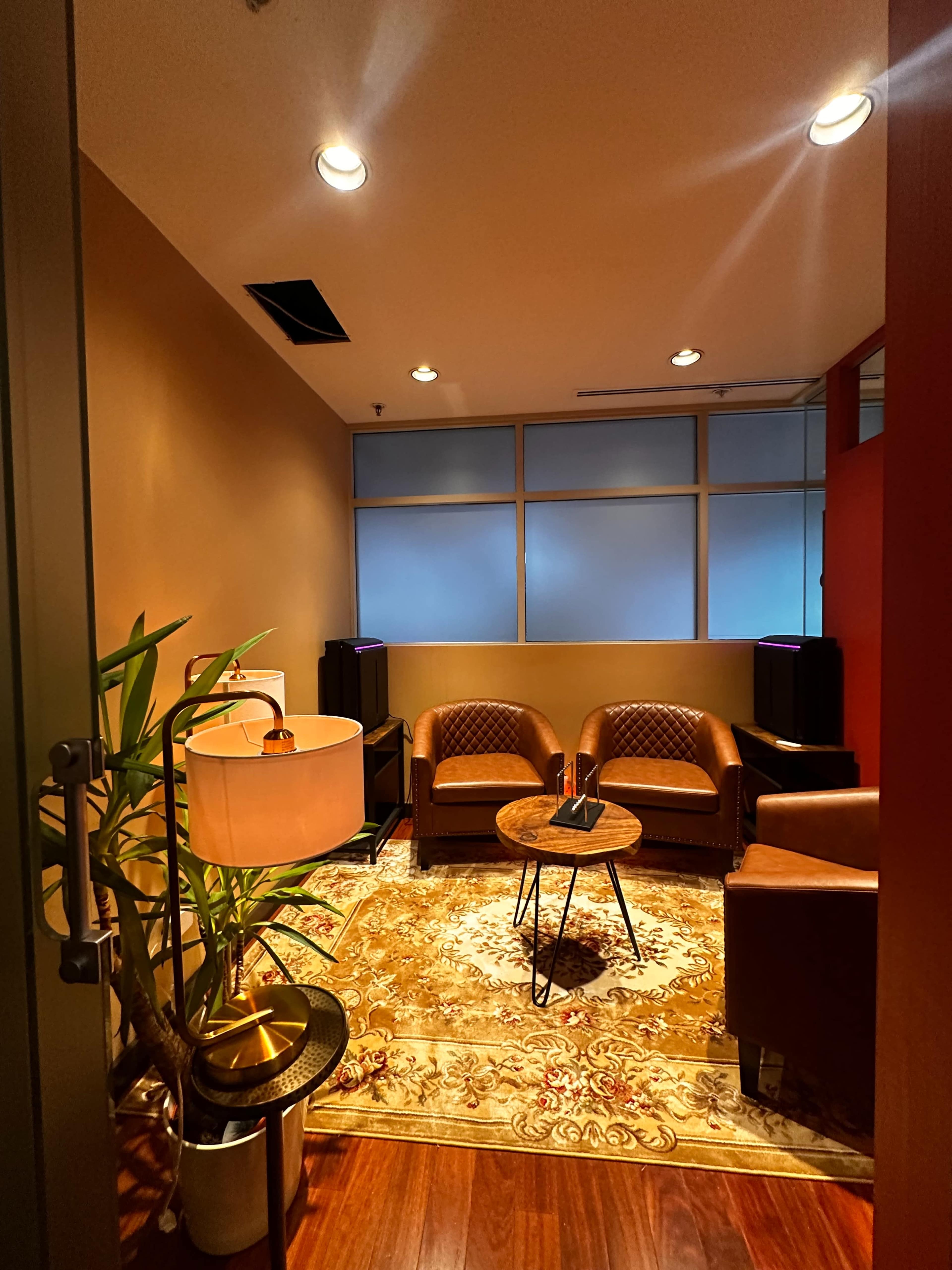 The image shows a cozy waiting area with two brown chairs, a small round table, a potted plant, and a patterned rug.