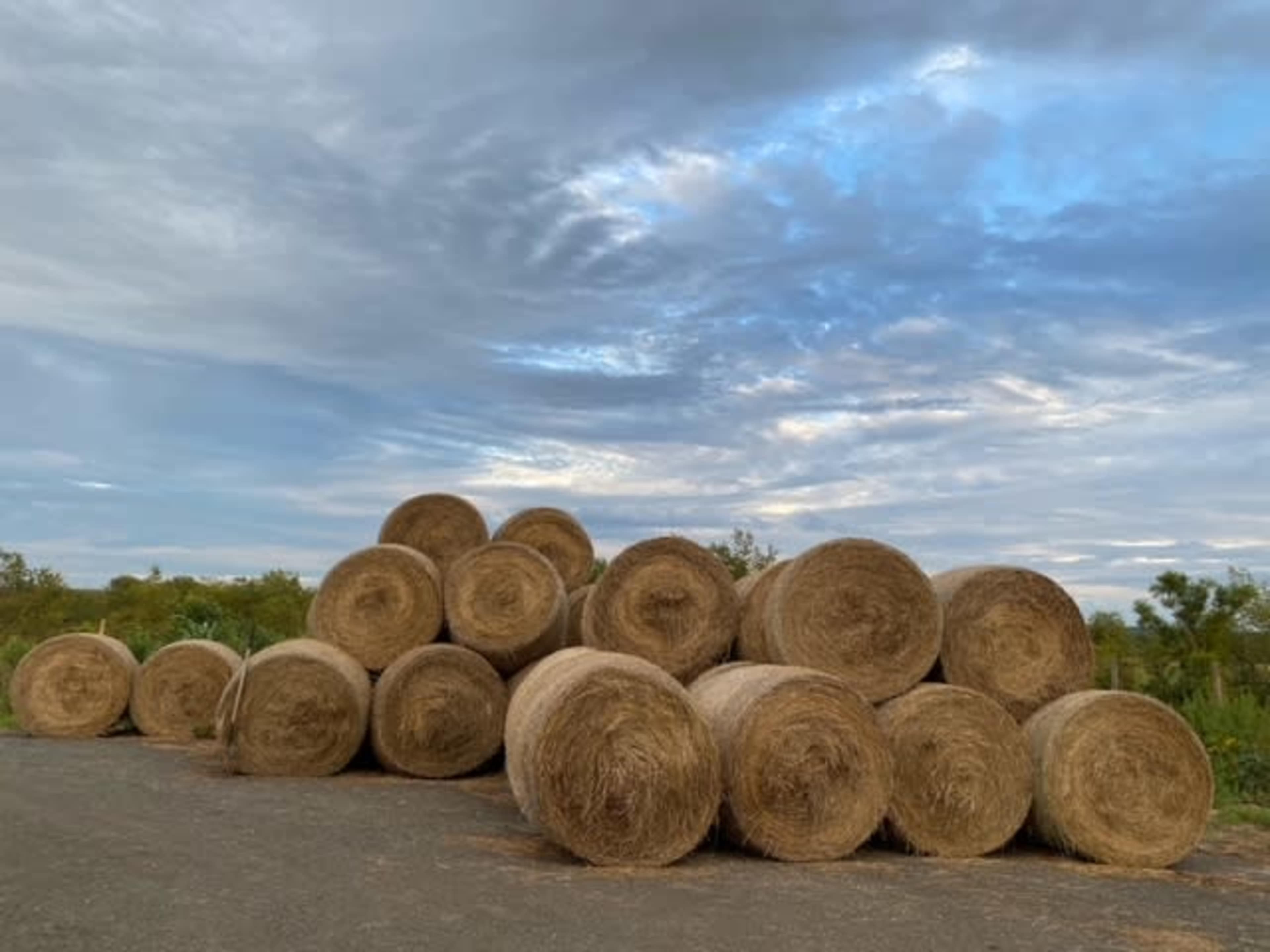 A stack of round hay bales is arranged along a dirt path under a cloudy sky.