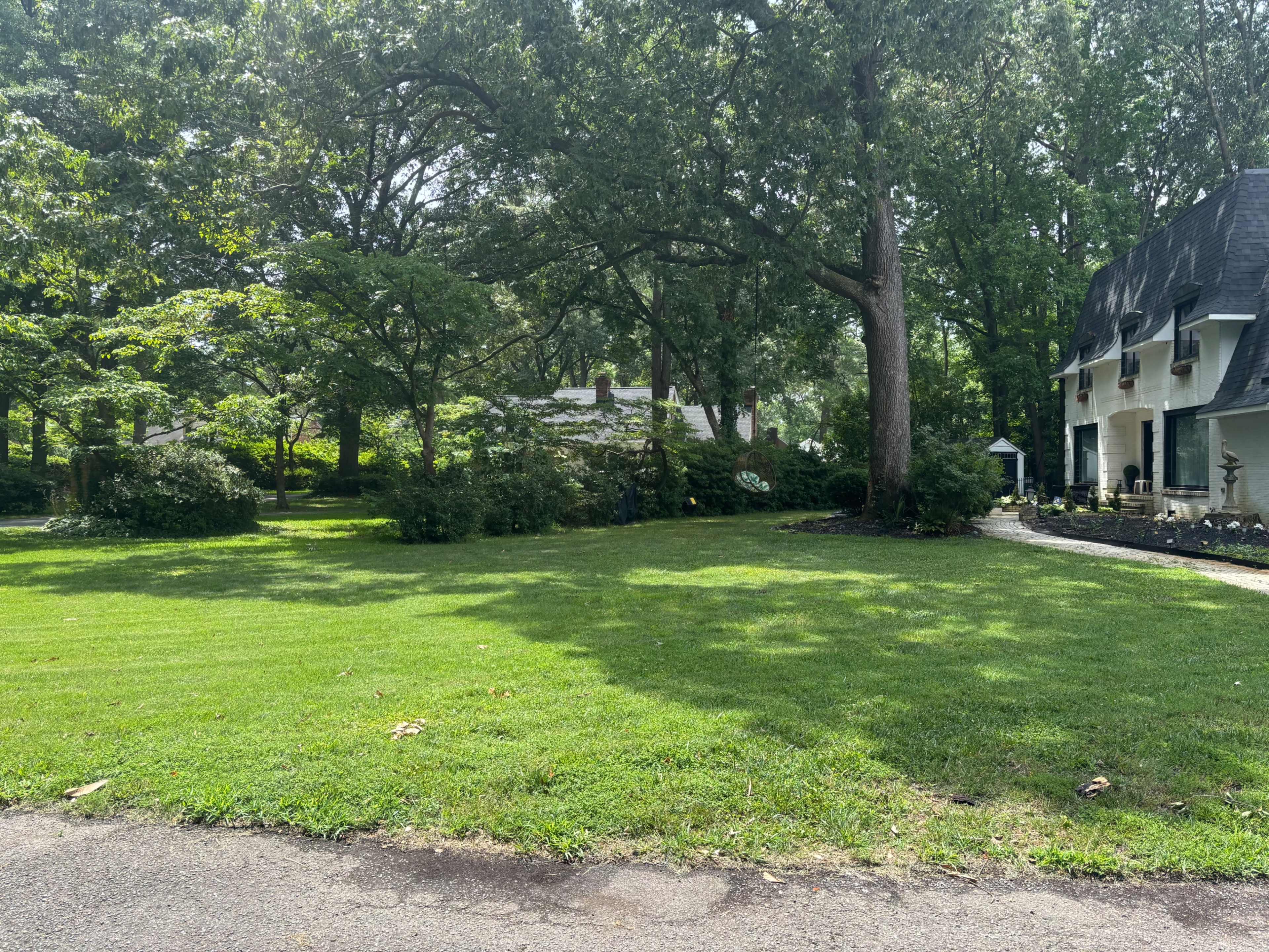 A large, grassy yard is bordered by trees and features a house with a dark roof on one side.