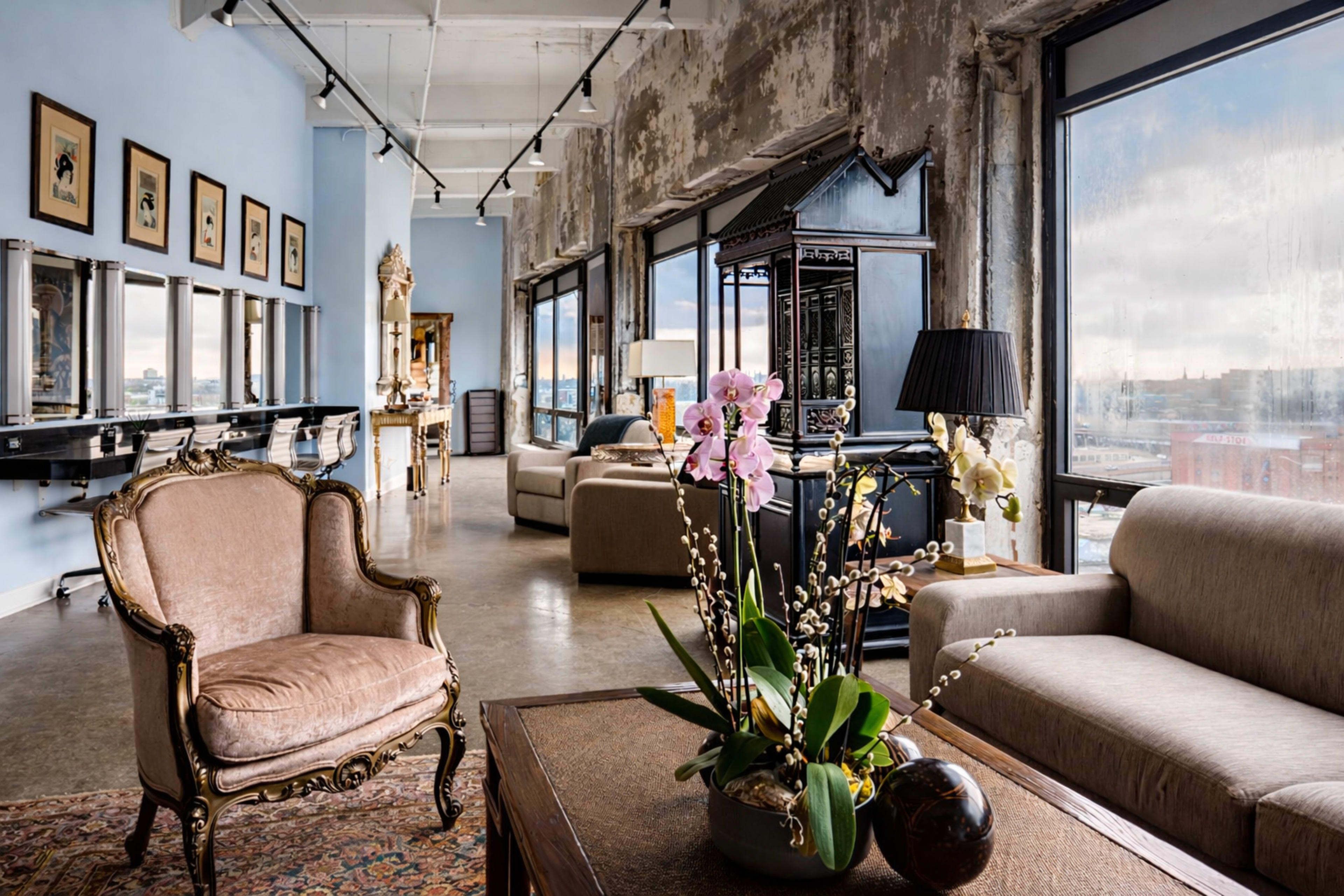 The image shows a stylish loft interior with large windows, vintage furniture, and decorative plants.