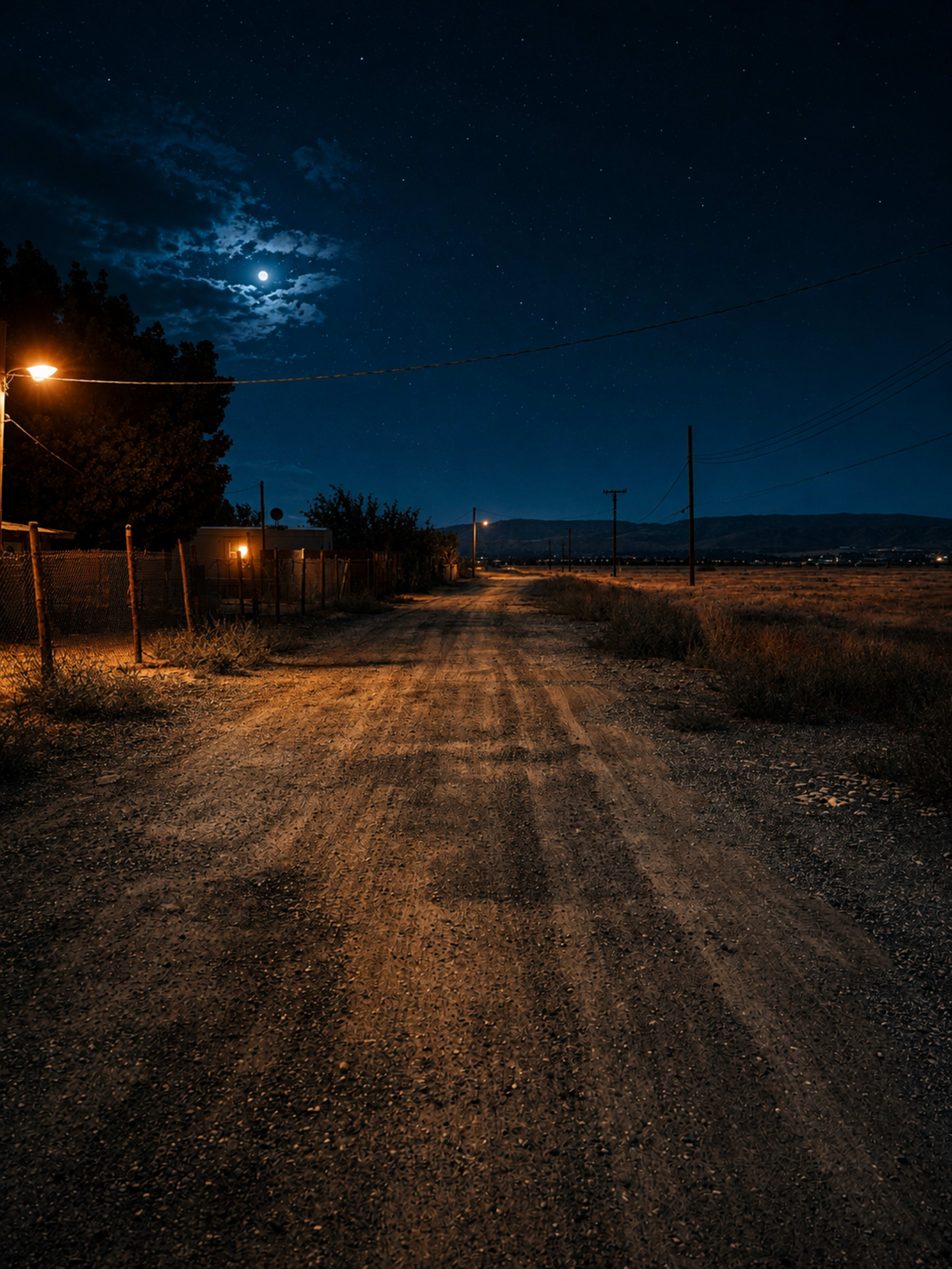 A gravel road stretches into the distance under a night sky illuminated by moonlight and scattered stars, with streetlights casting a warm glow along the path.