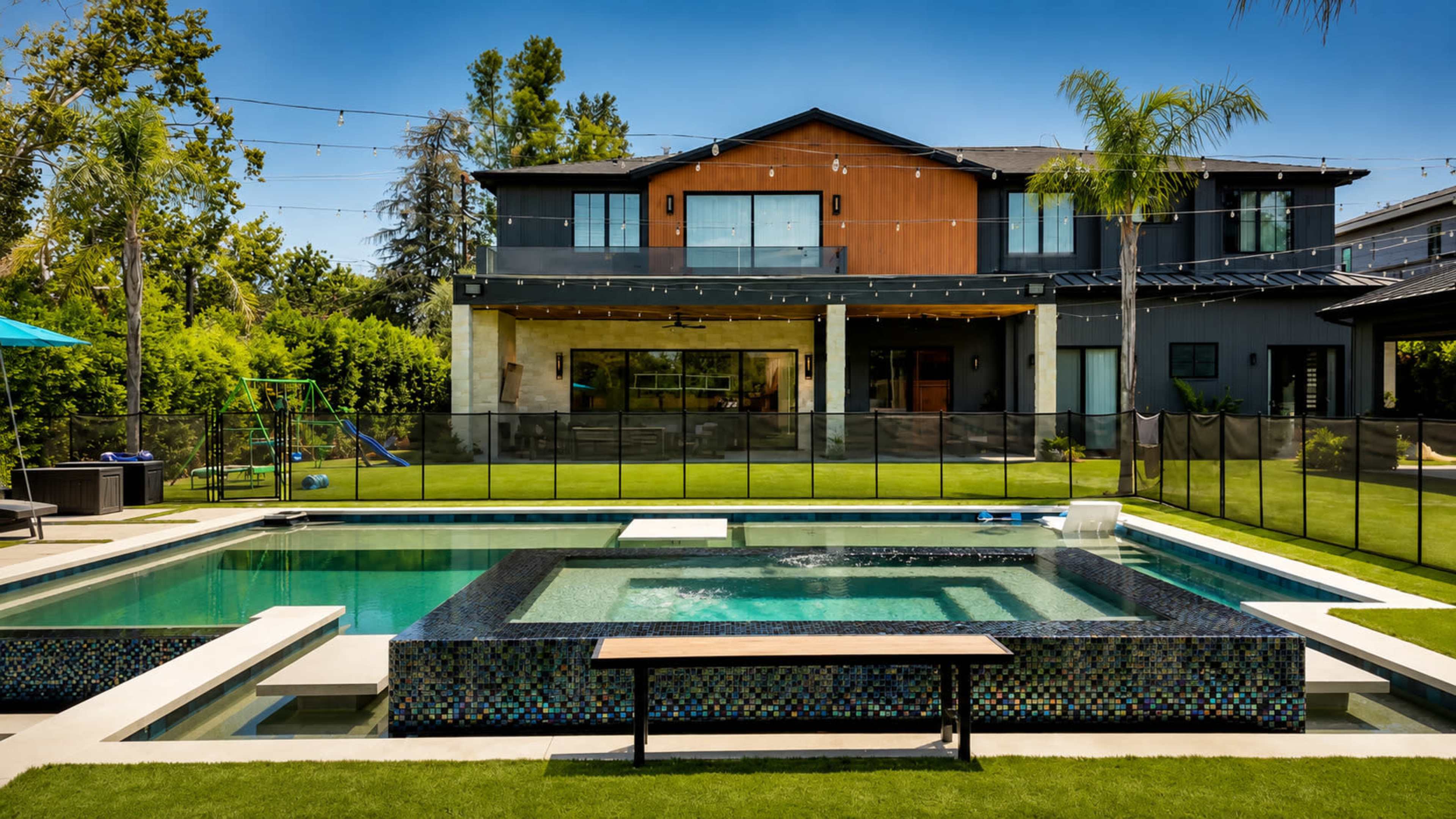 The image shows a modern two-story house with a pool and spa area surrounded by green grass and a fenced yard.