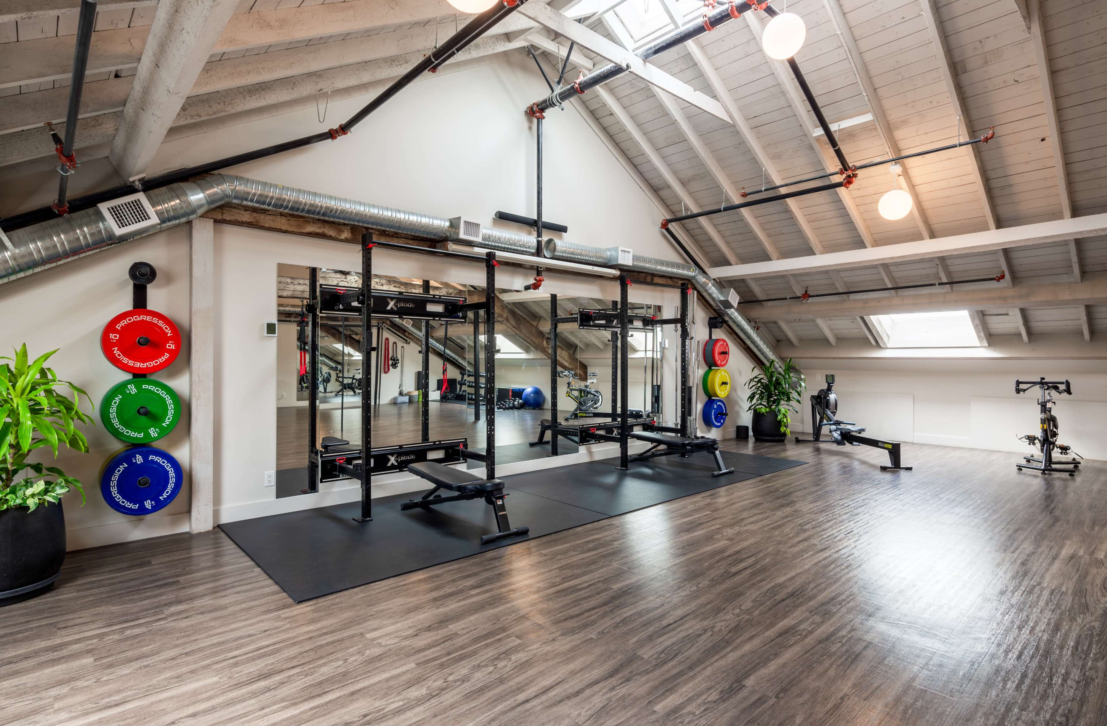 The image shows a spacious, well-lit indoor gym with exercise equipment, mirrors, and colorful weight plates mounted on the walls.
