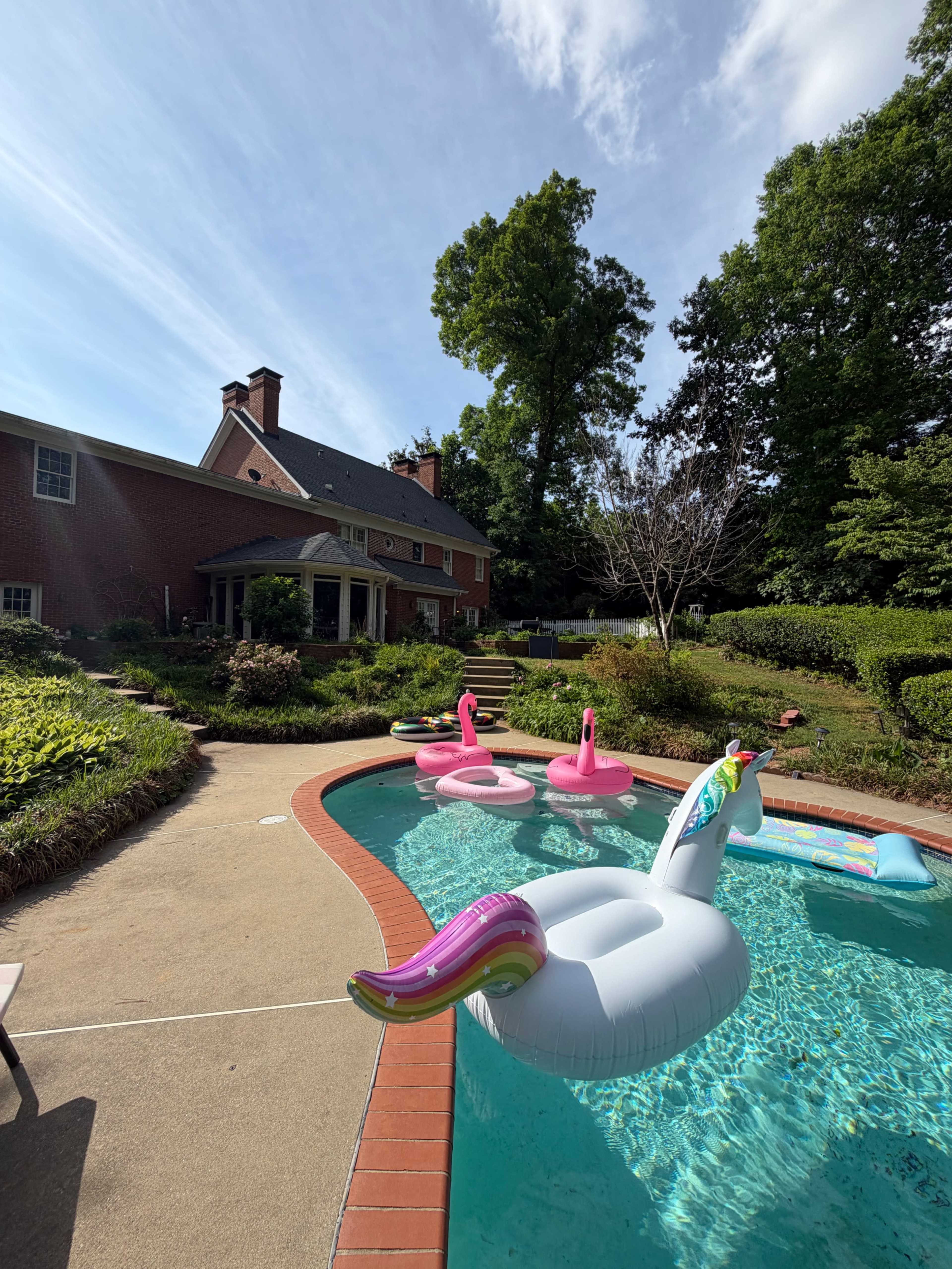 The scene shows a residential backyard with a swimming pool featuring floating inflatable unicorn and flamingo toys, surrounded by green landscaping and a brick house in the background.