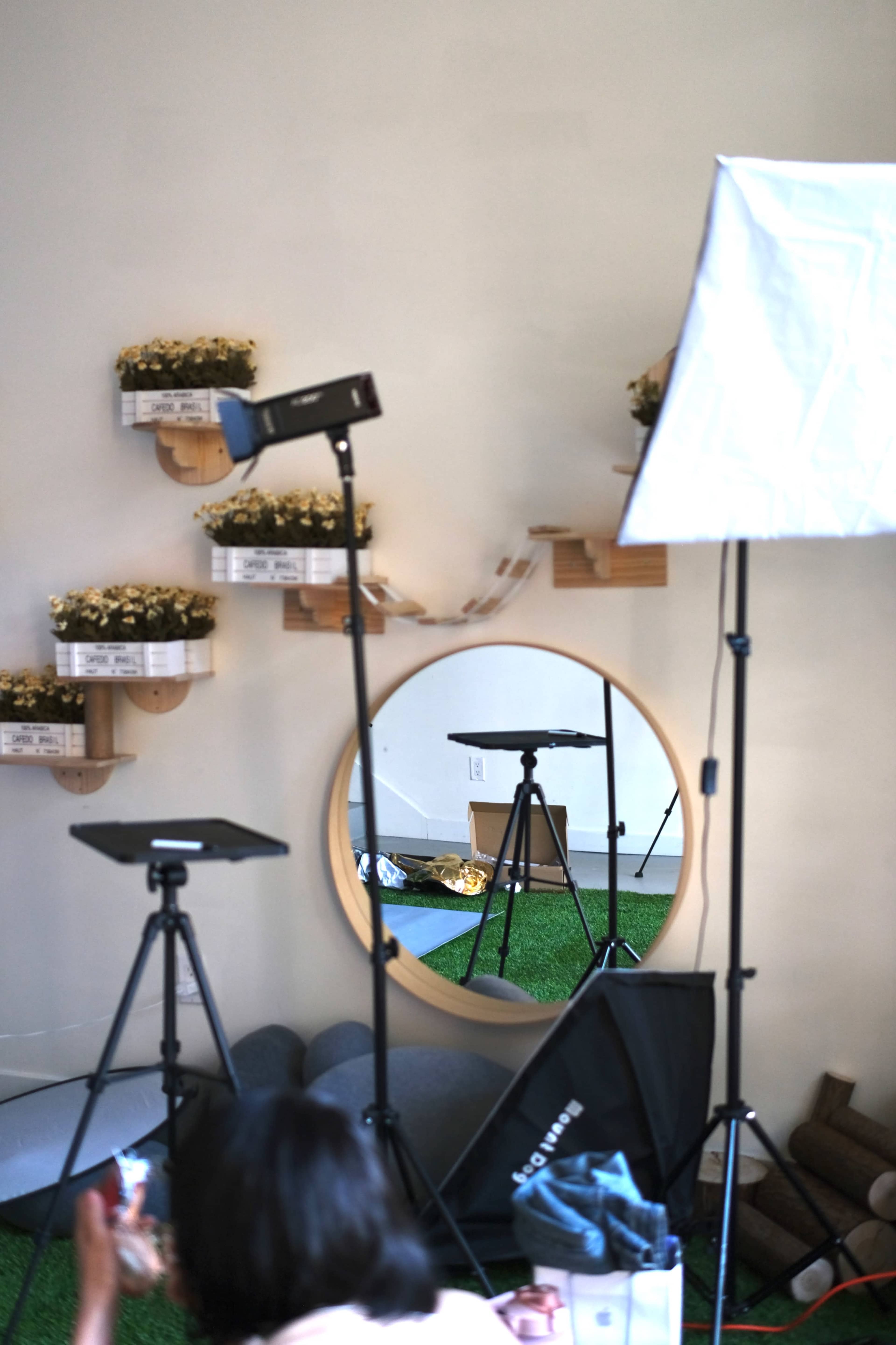 A photography setup with a circular mirror, lighting equipment, and shelves holding small plants against a backdrop of artificial grass.