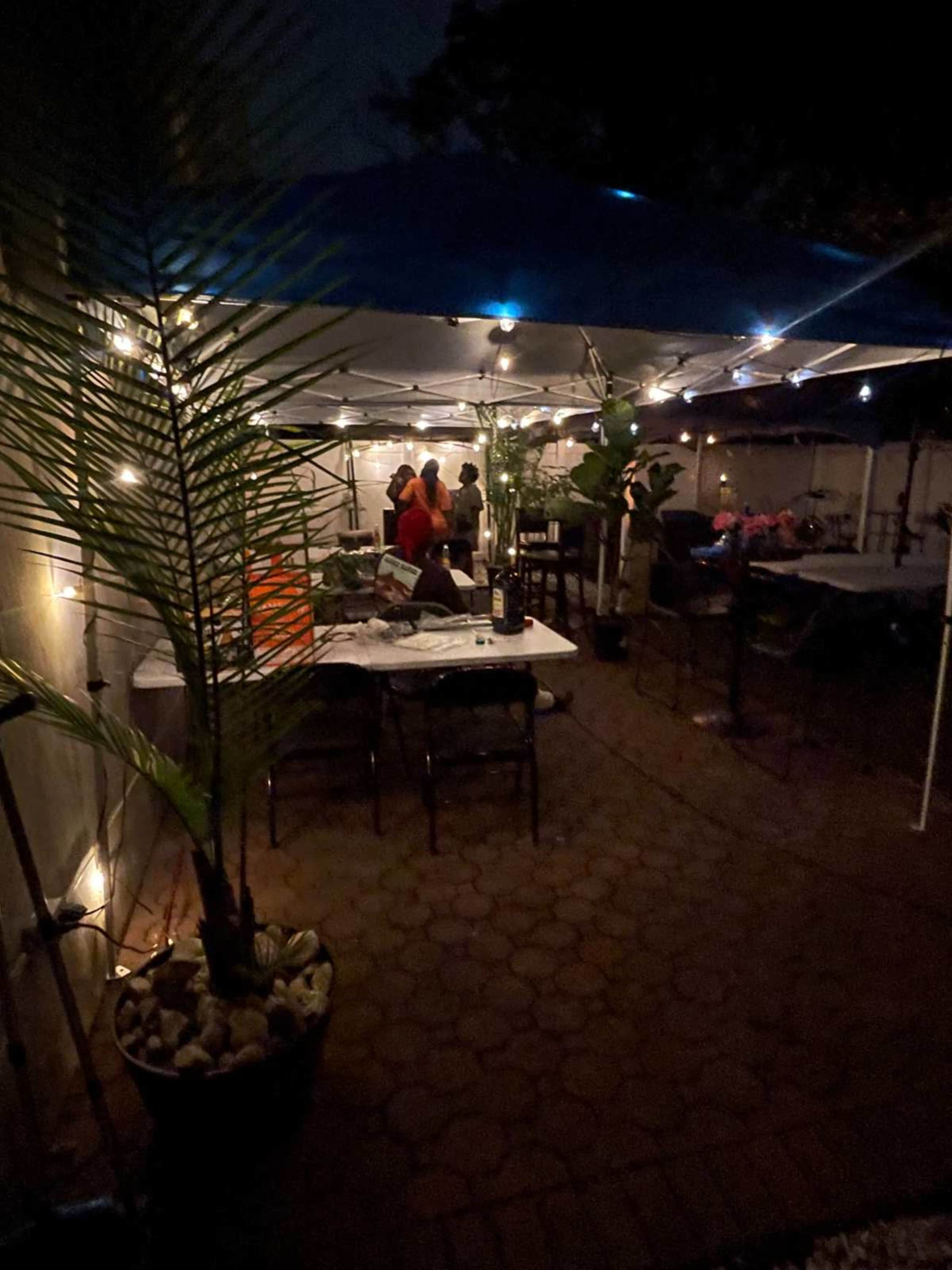 A gathered group of people stands under a canopy in an outdoor space adorned with lights and potted plants during the evening.