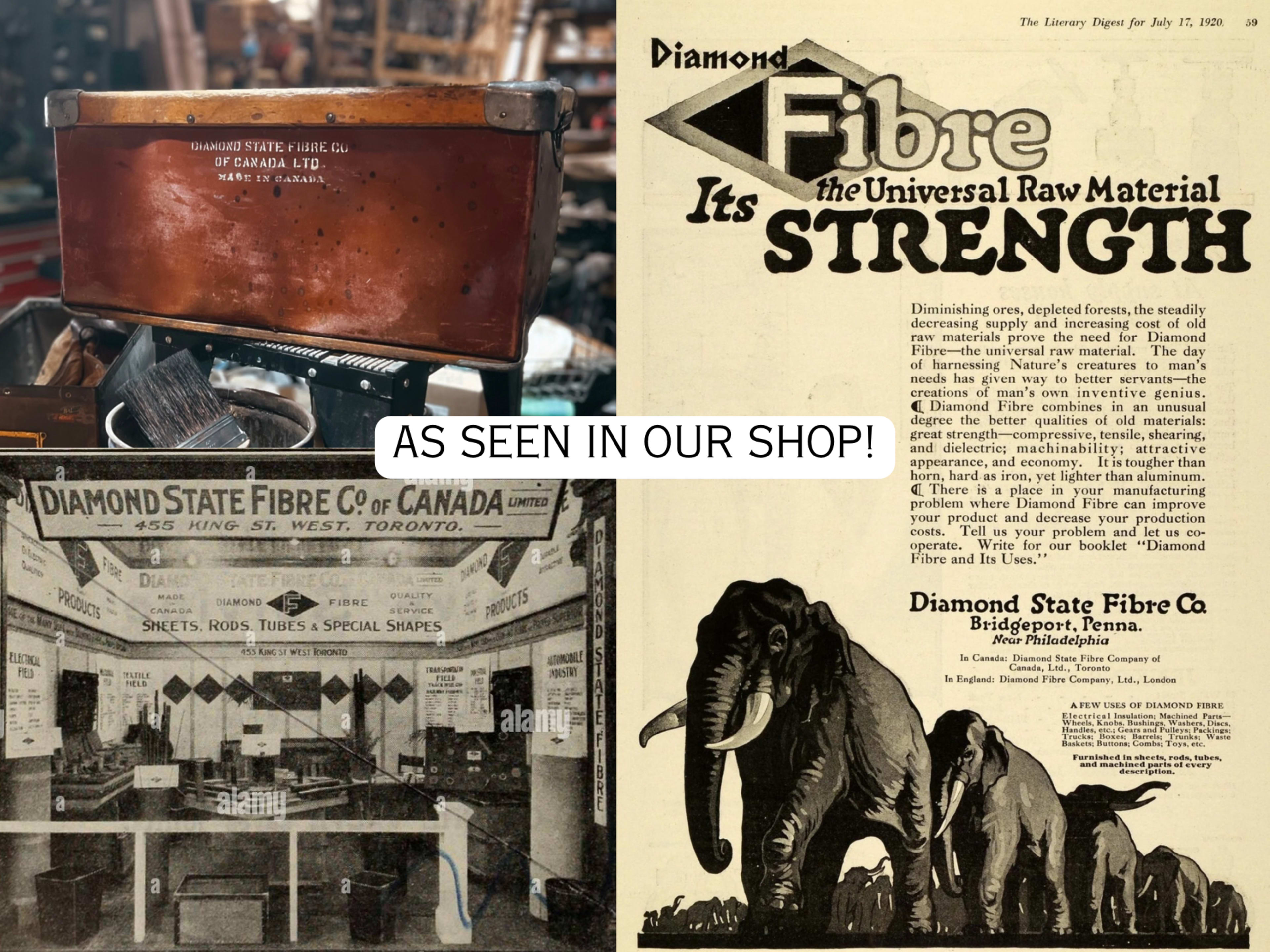 The image features a collage of vintage advertisements and an old box associated with Diamond State Fibre Company, showcasing its products and history.