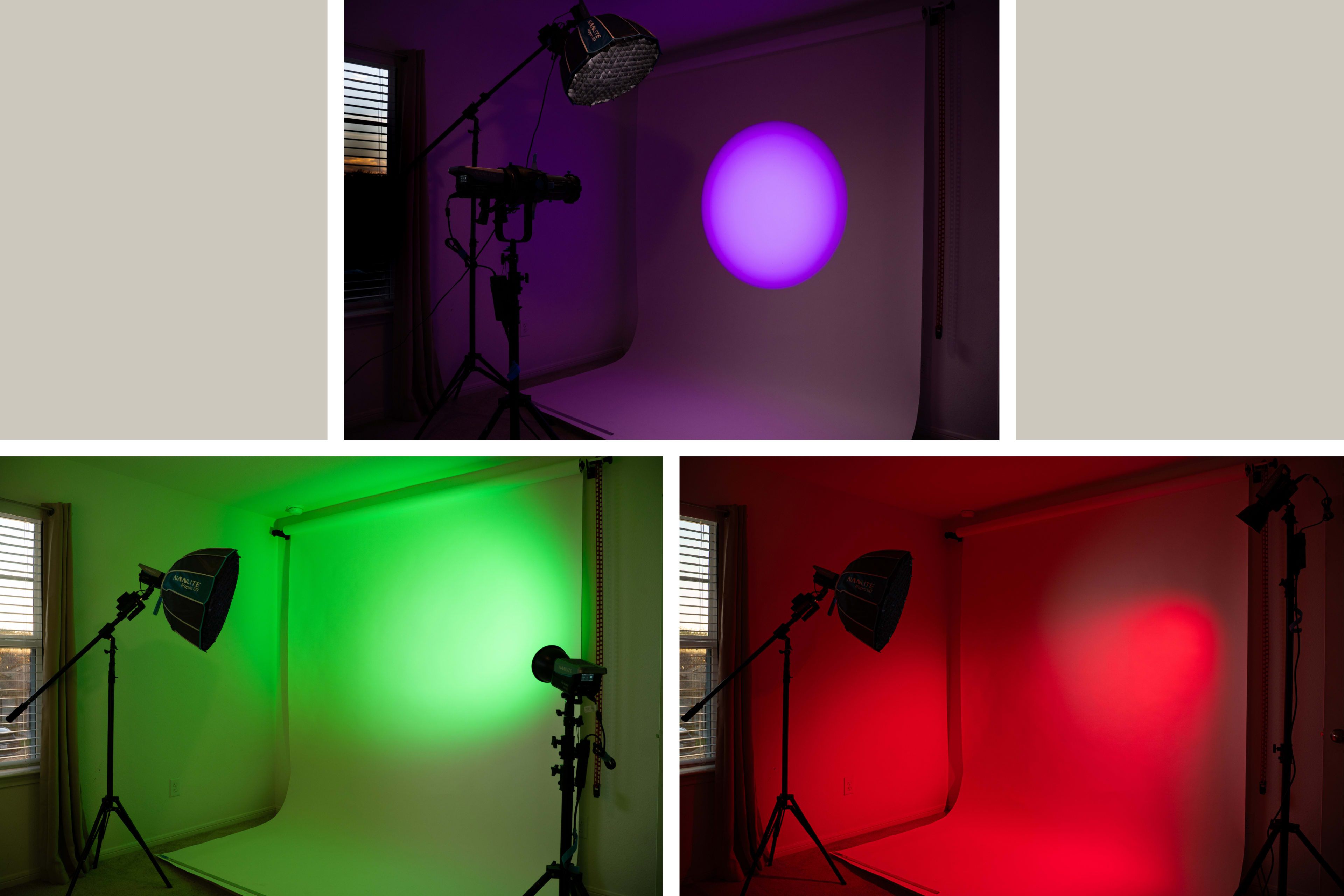 The image features three photography setups with different colored backgrounds: a purple circle in the top section, a green background in the bottom left, and a red background in the bottom right, each illuminated by studio lights.