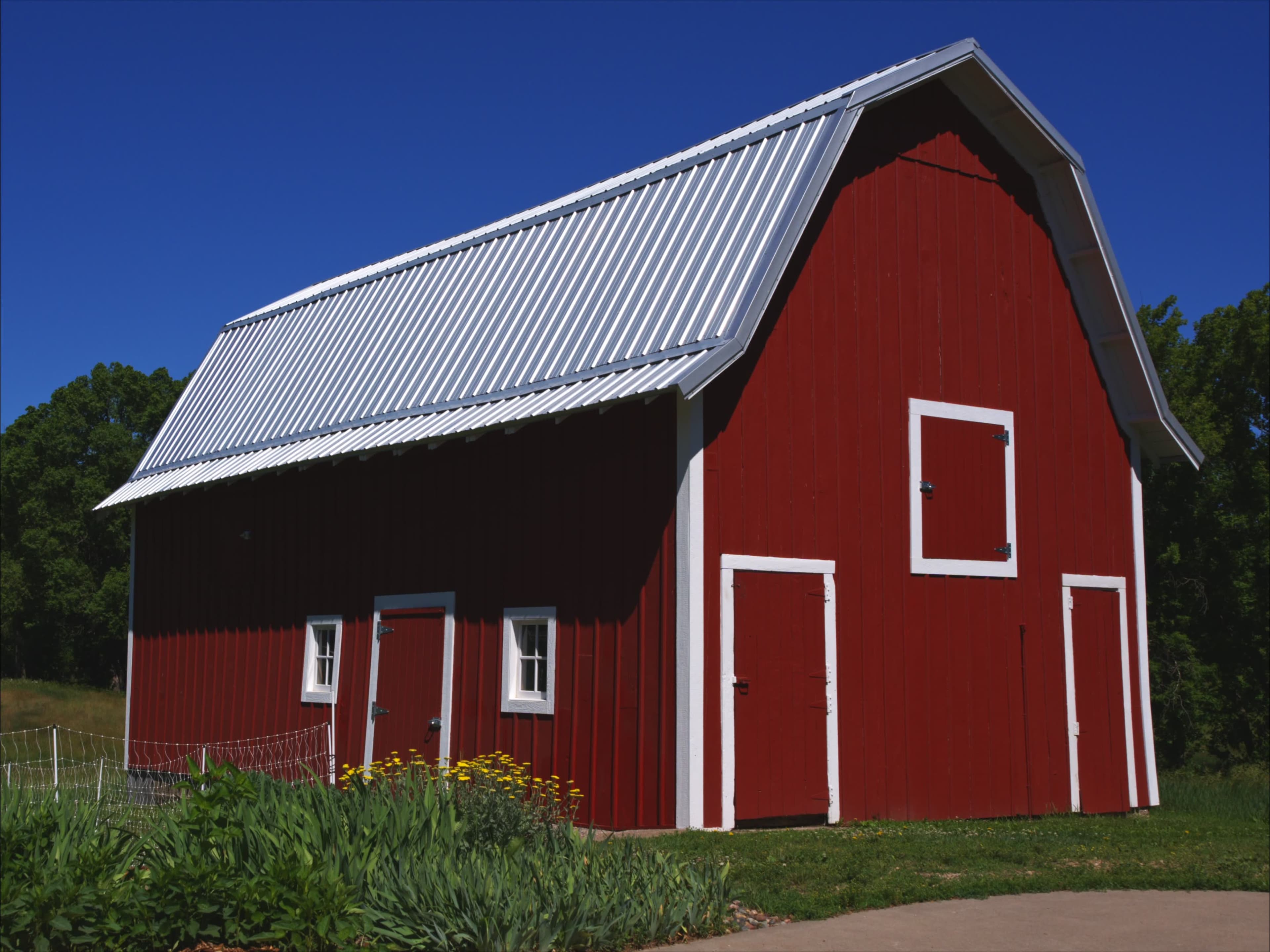 The image shows a red barn with a metal roof, situated near a flower bed and surrounded by greenery under a clear blue sky.