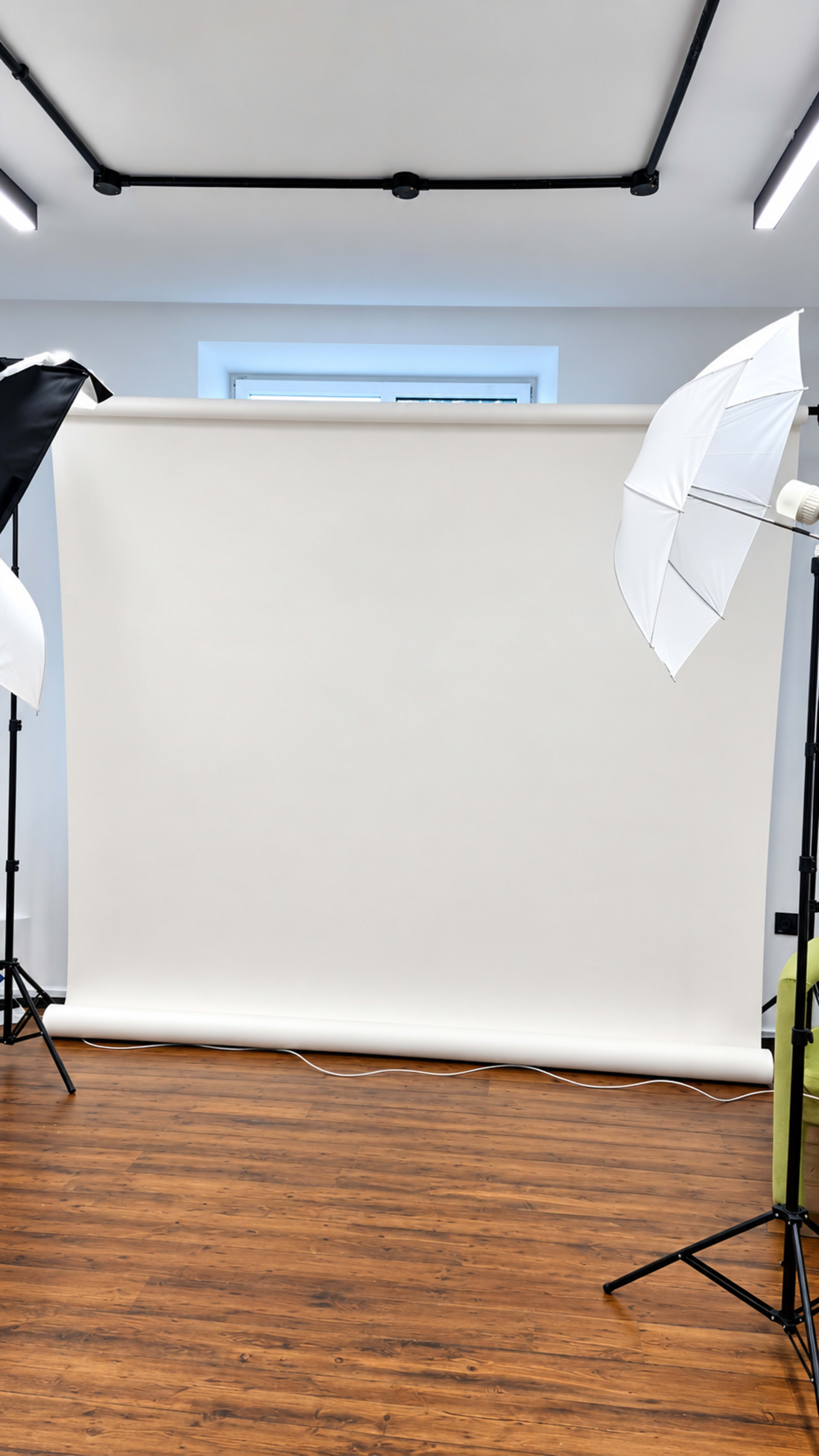 The image shows a photography studio setup featuring a plain white backdrop with lighting equipment on either side.