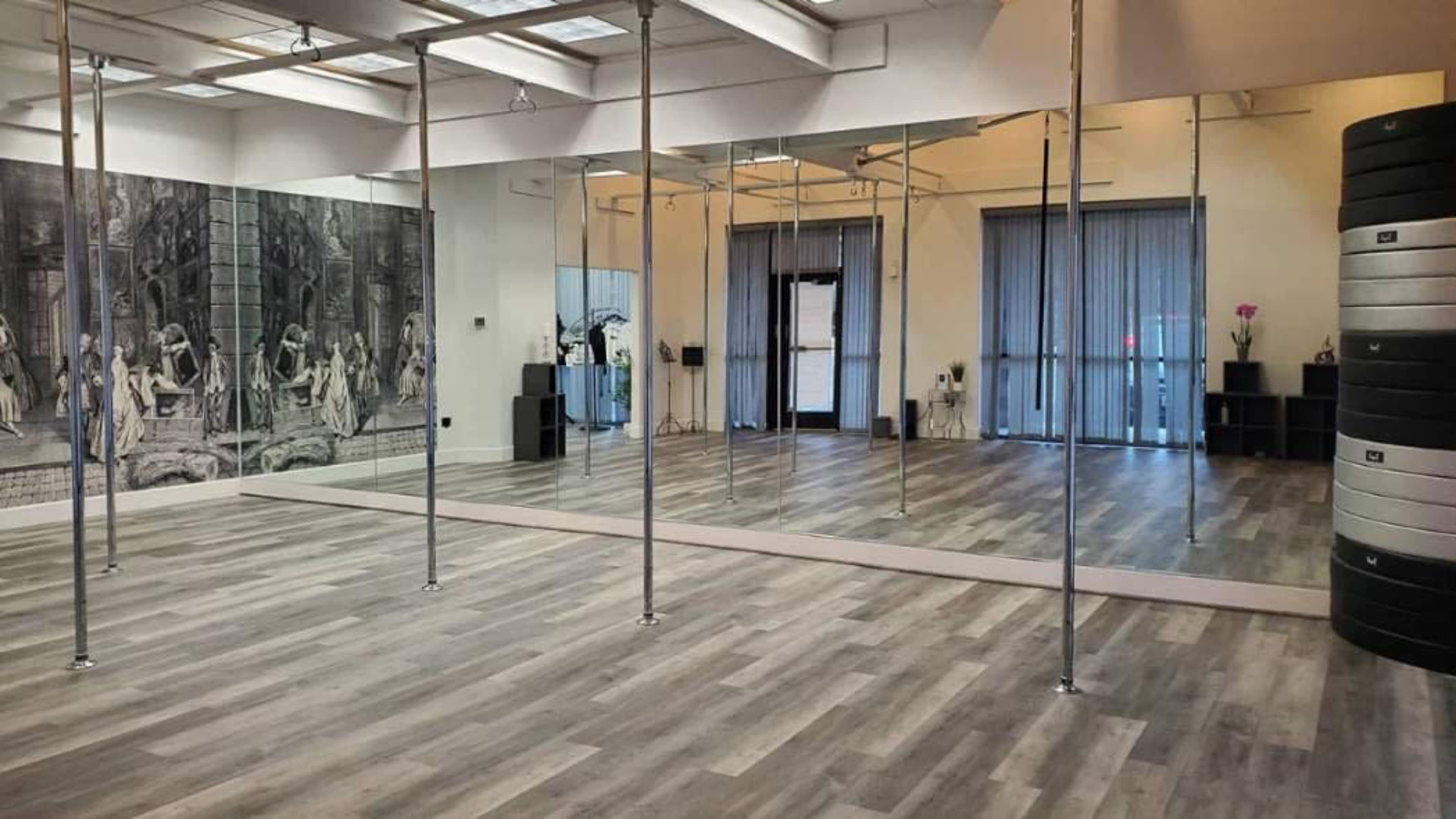 A spacious studio featuring mirrored walls, wooden flooring, and a backdrop of a large mural on one side.