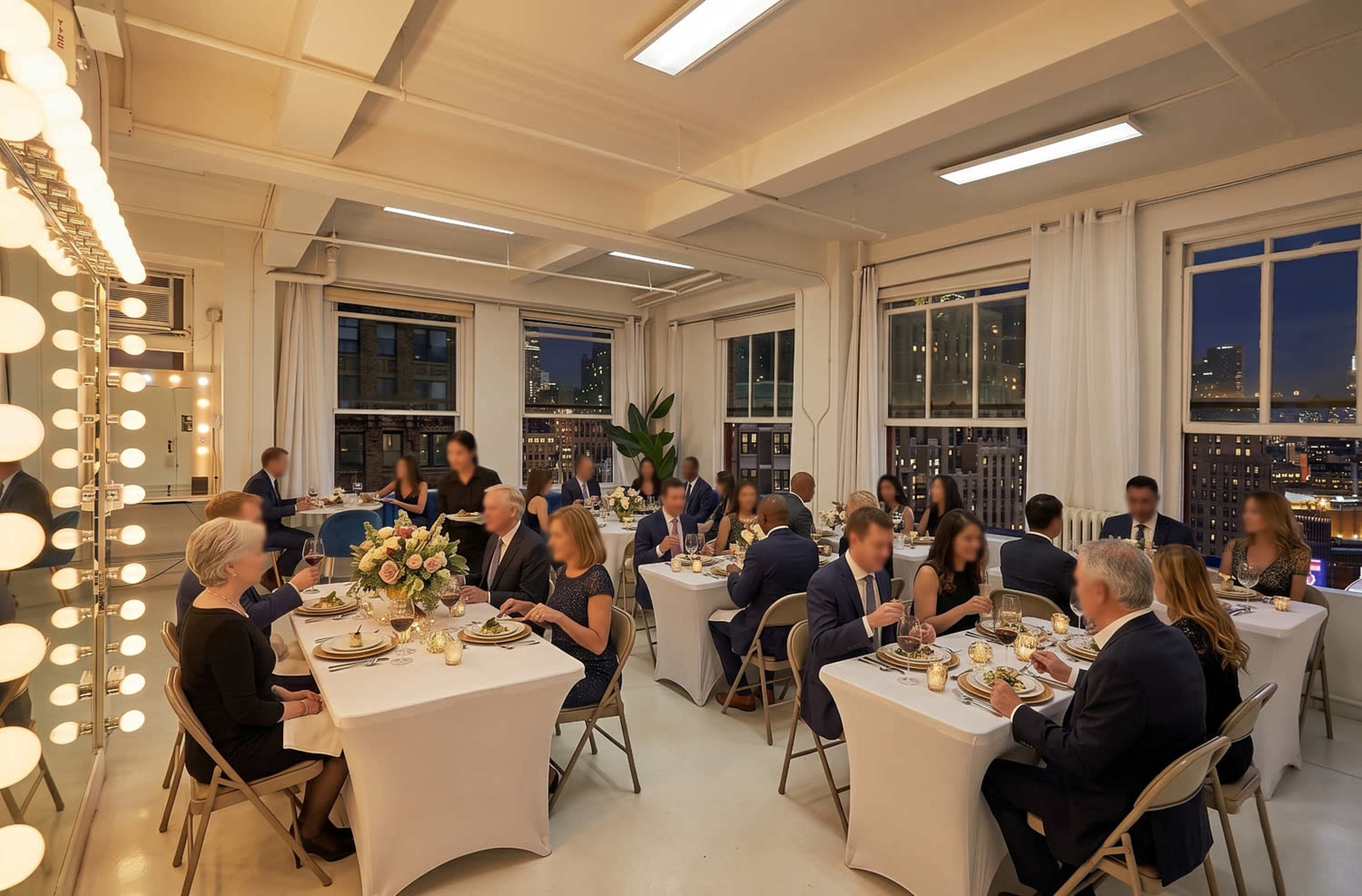 A formal dinner event is taking place in a stylish room with large windows, where guests are seated at tables adorned with white tablecloths and centerpieces.