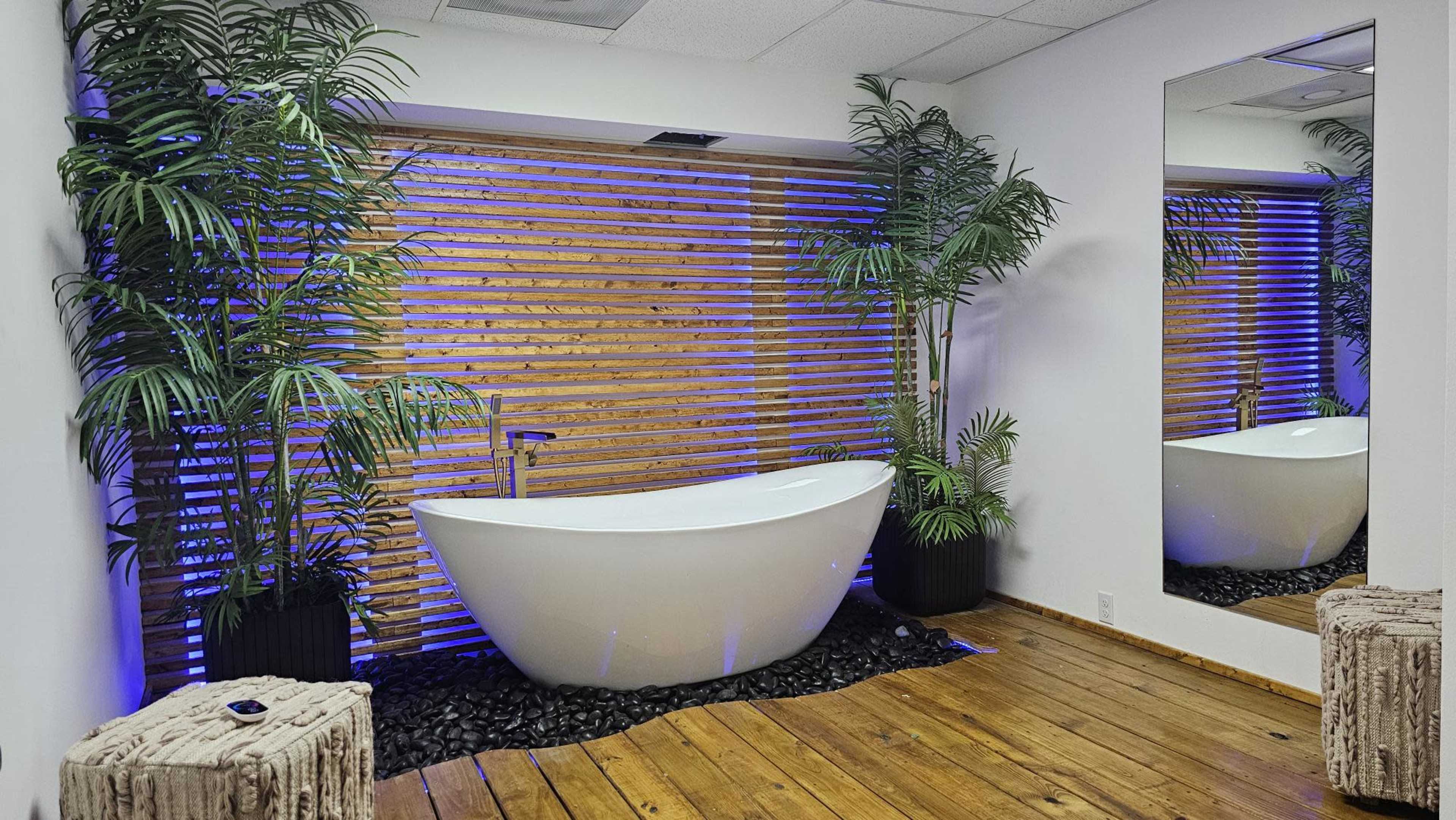 The image shows a modern bathroom featuring a freestanding bathtub surrounded by wooden slats and potted plants, with a large mirror reflecting the scene.