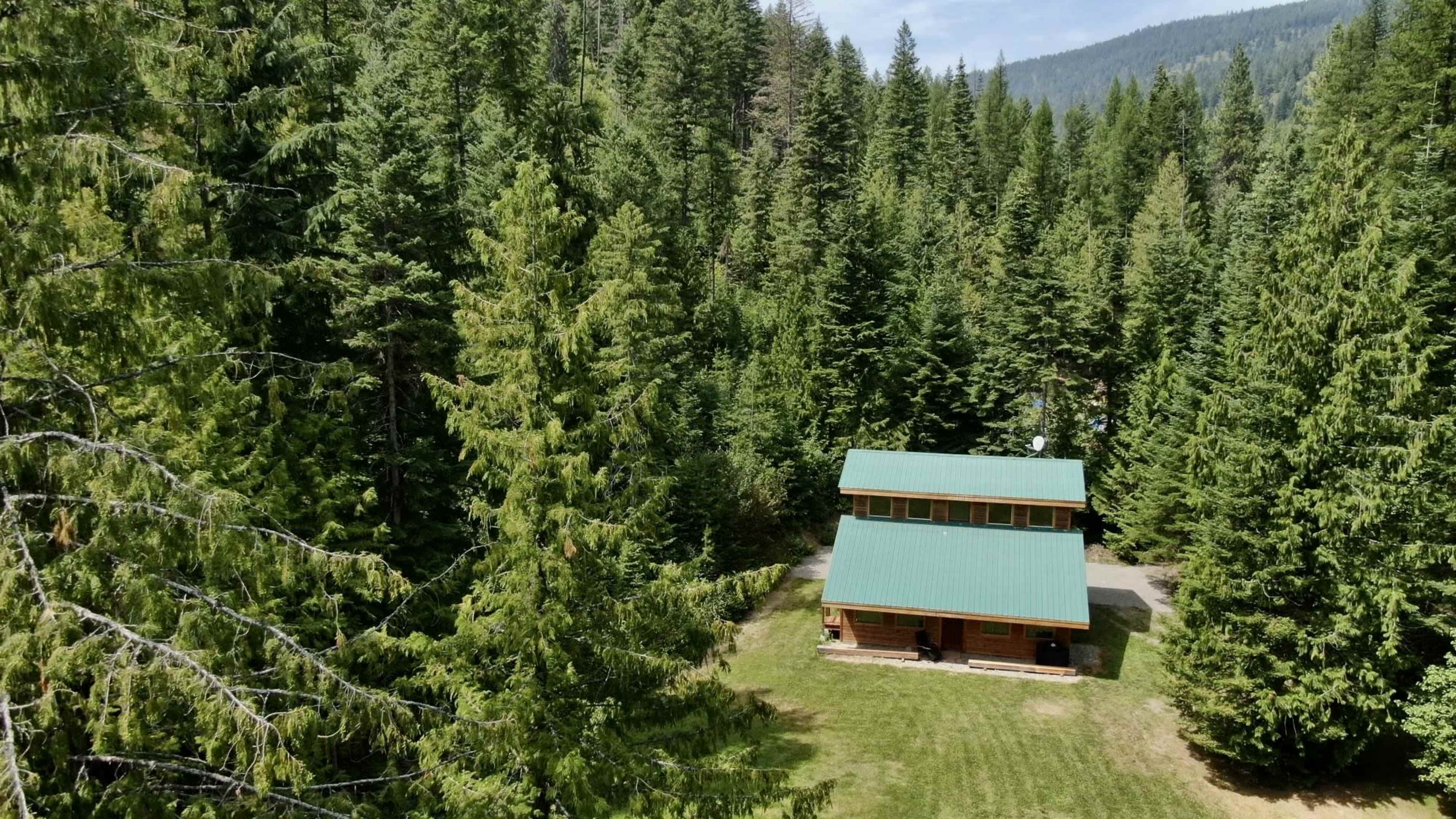 A two-story cabin with a green roof situated in a forested area surrounded by tall pine trees.
